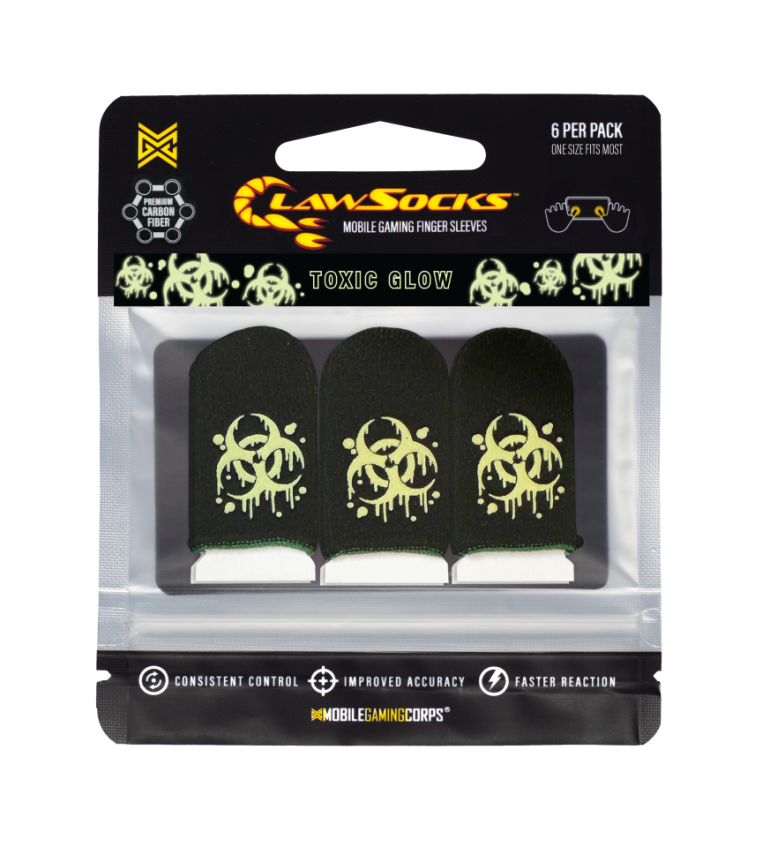 6 PER PACK  
ONE SIZE FITS MOST  

LAW SOCKS  
MOBILE GAMING FINGER SLEEVES  

TOXIC GLOW  

CARBON FIBER  

CONSISTENT CONTROL  
IMPROVED ACCURACY  
FASTER REACTION  

MOBILEGAMINGCORPS
