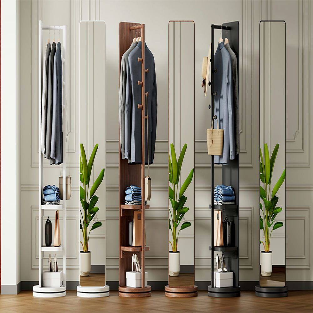 Alt View 9. Kadyn - 66"x14" 360° Rotating Multifunctional Mirror, Solid Wood Mirror with Hook Storage & Coat Rack for Bedroom/Cloakroom.