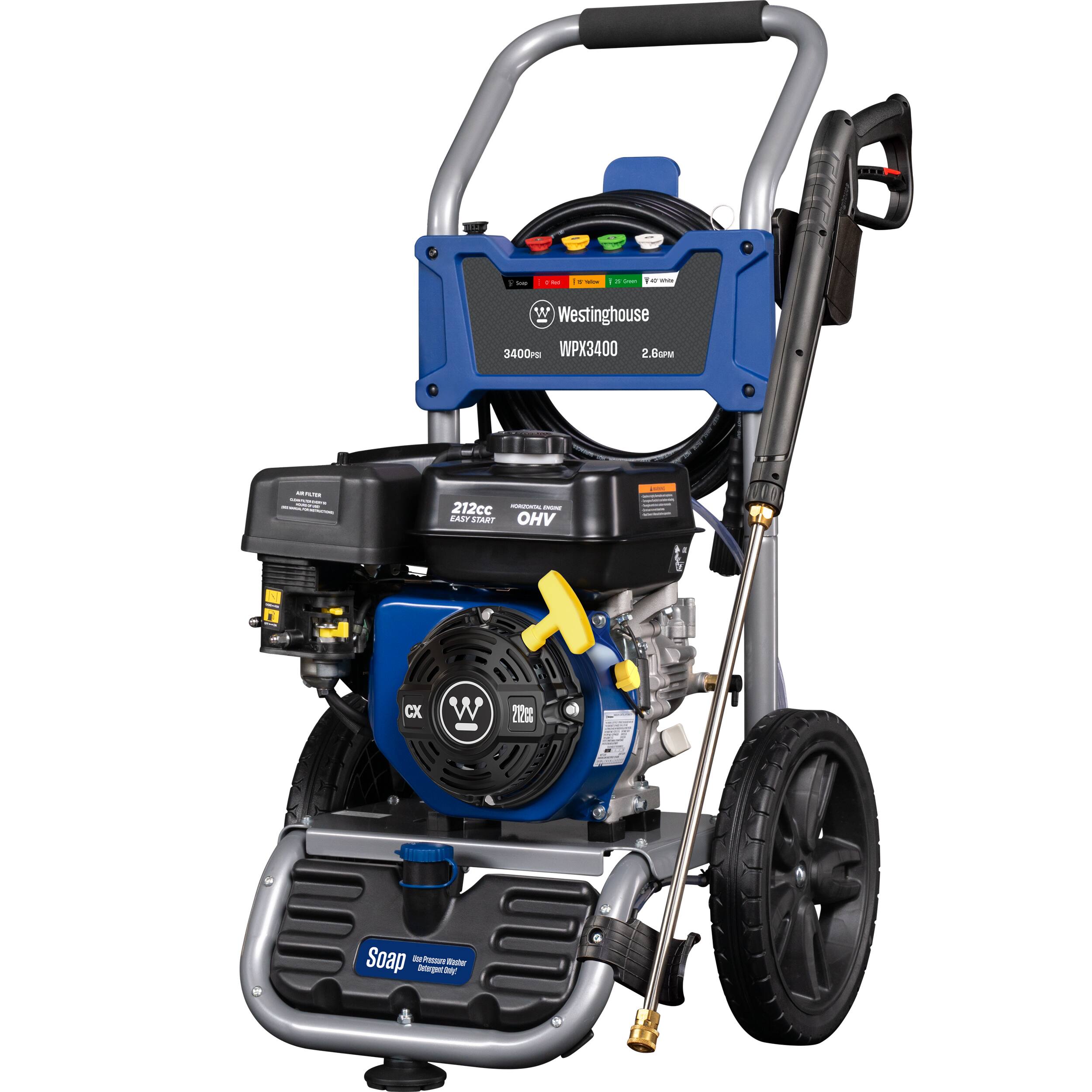 - Westinghouse WPX3400
- 2.80P
- 212cc
- LAST LAIT OHV
- V CX
- 2c Soap
- EASY START
- 3400PSI
- 212cc OHV
- Soap (High Pressure Washer)