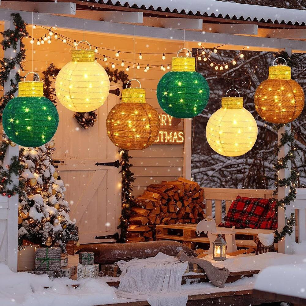 Left. RTMB - 3-Piece 33" Lighted Christmas Ball Decoration Set, Pre-Lit 2D Standing Holiday Display for Indoor/Outdoor Use - Brown, Tan, Beige.