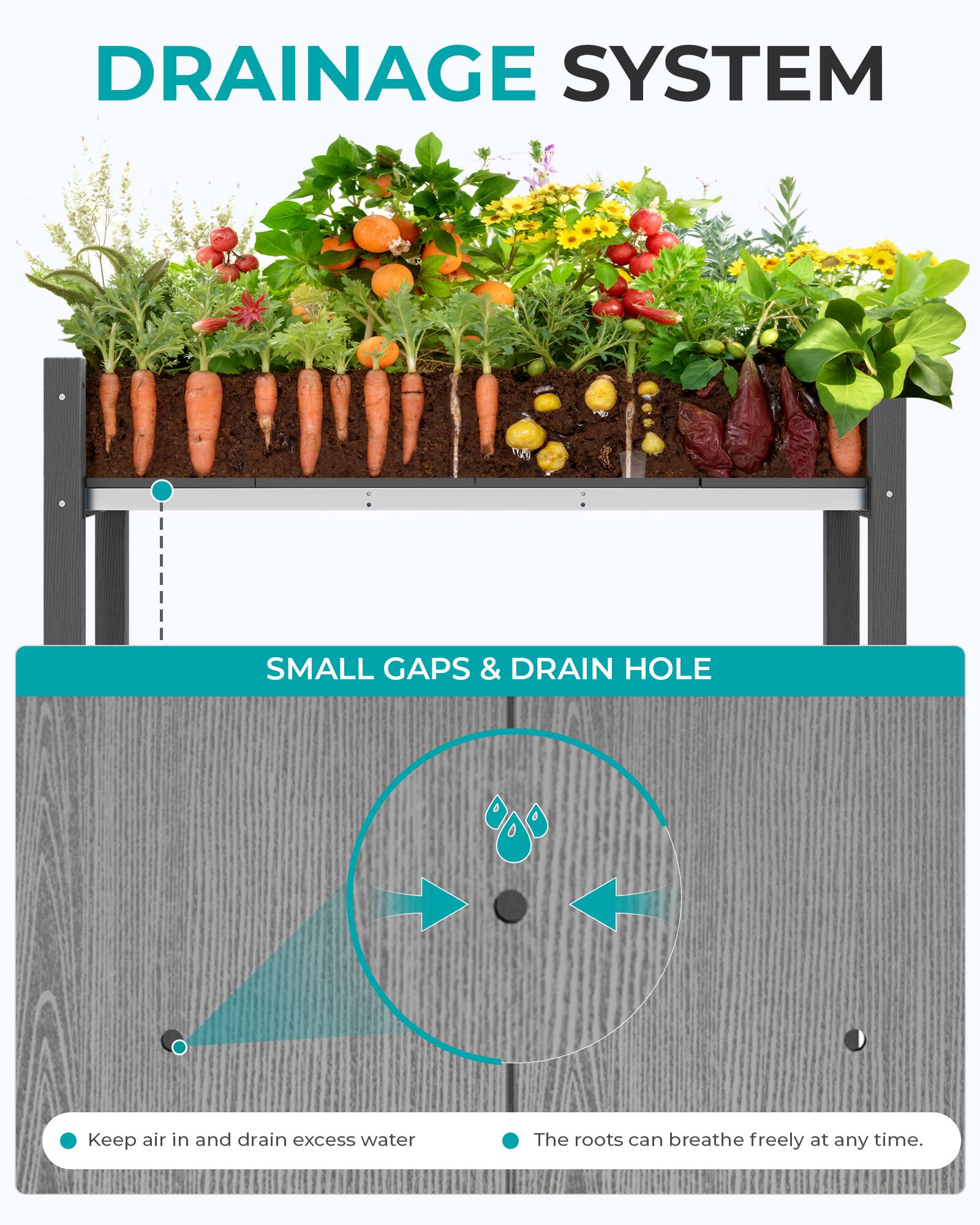 DRAINAGE SYSTEM

SMALL GAPS & DRAIN HOLE

Keep air in and drain excess water
The roots can breathe freely at any time.
