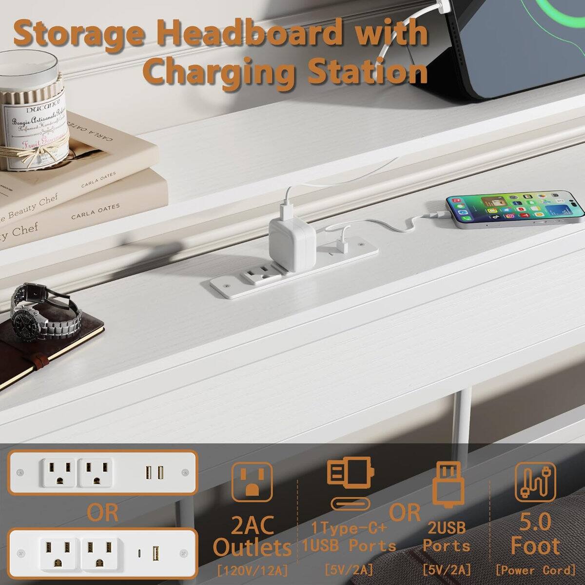 Storage Headboard with Charging Station

DUCOIA Bungie aD CARLA Frail DATES PARLA Chef Beauty OATES e CARLA y Chef OR 5.0 2AC 1T-C+ 2USB Outlets 1USB Ports Ports Foot [120V/12A] [5V/2A] [5V/2A] [Power Cord]