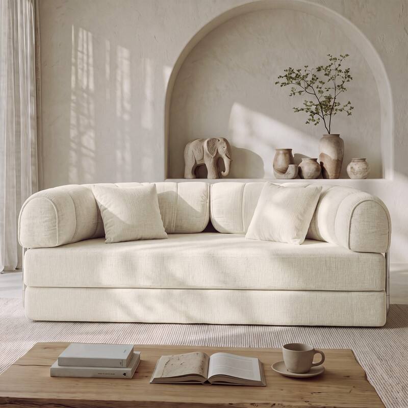 Left. Vipbear - 78.8" Round Boneless Sofa Bed, Foldable 2-in-1 Oversized Sleeper Couch for Small Spaces, Apartment, Dorm, No Assembly - Off-white.