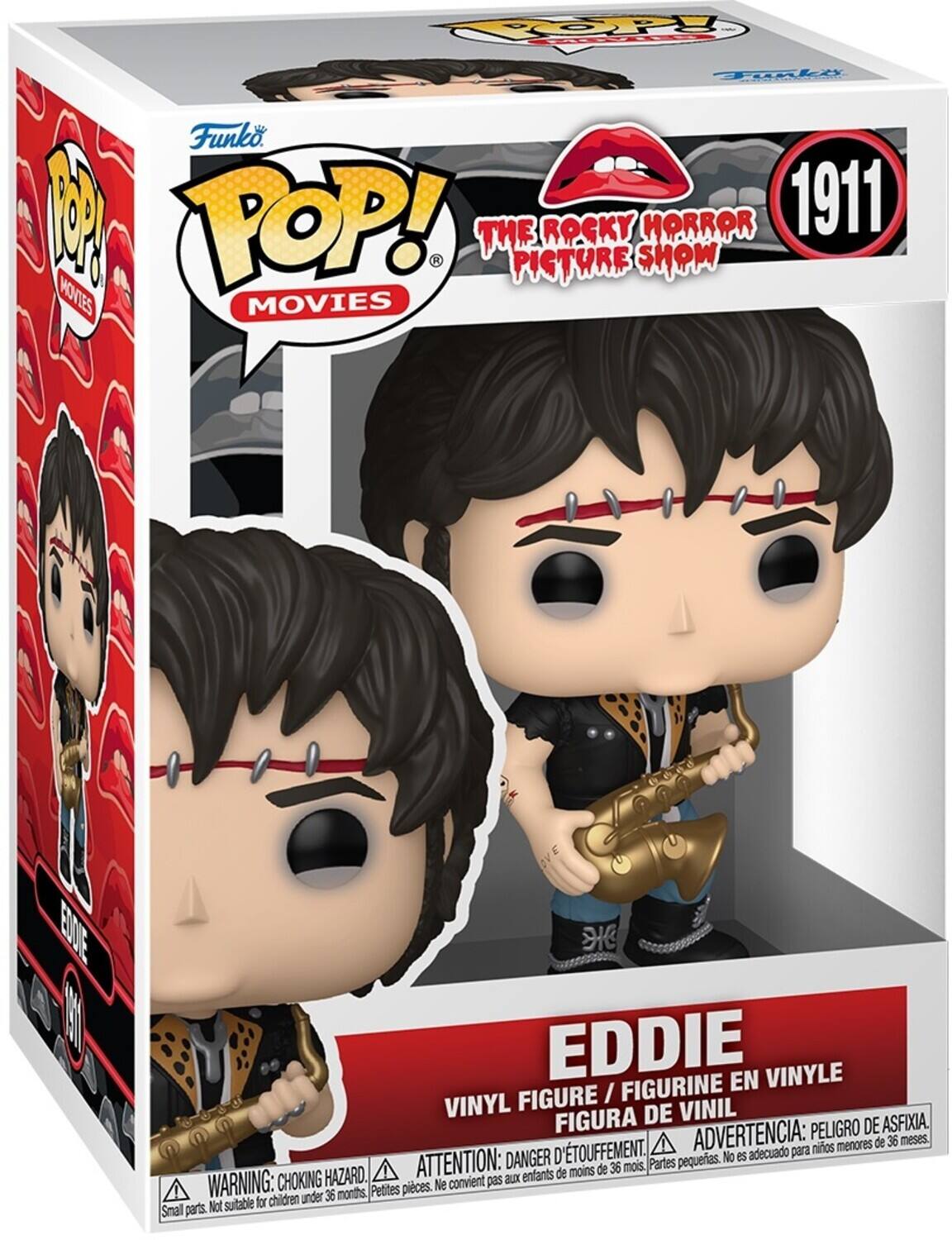 Sure, here is the corrected and grouped text from the image:

---

**Funko POP! MOVIES**

**THE ROCKY HORROR PICTURE SHOW**

**1911**

**EDDIE**

**VINYL FIGURE / FIGURINE EN VINYLE / FIGURA DE VINIL**

**WARNING: CHOKING HAZARD. Small parts. Not suitable for children under 36 months.**

**ATTENTION: DANGER D'ÉTOUFFEMENT. Petites pièces. Ne convient pas aux enfants de moins de 36 mois.**

**ADVERTENCIA: PELO DE ASFIXIA. Partes pequeñas. No es adecuado para niños menores de 36 meses.**

---

This text is organized to reflect the information on the packaging, including the brand, series, character, and safety warnings.