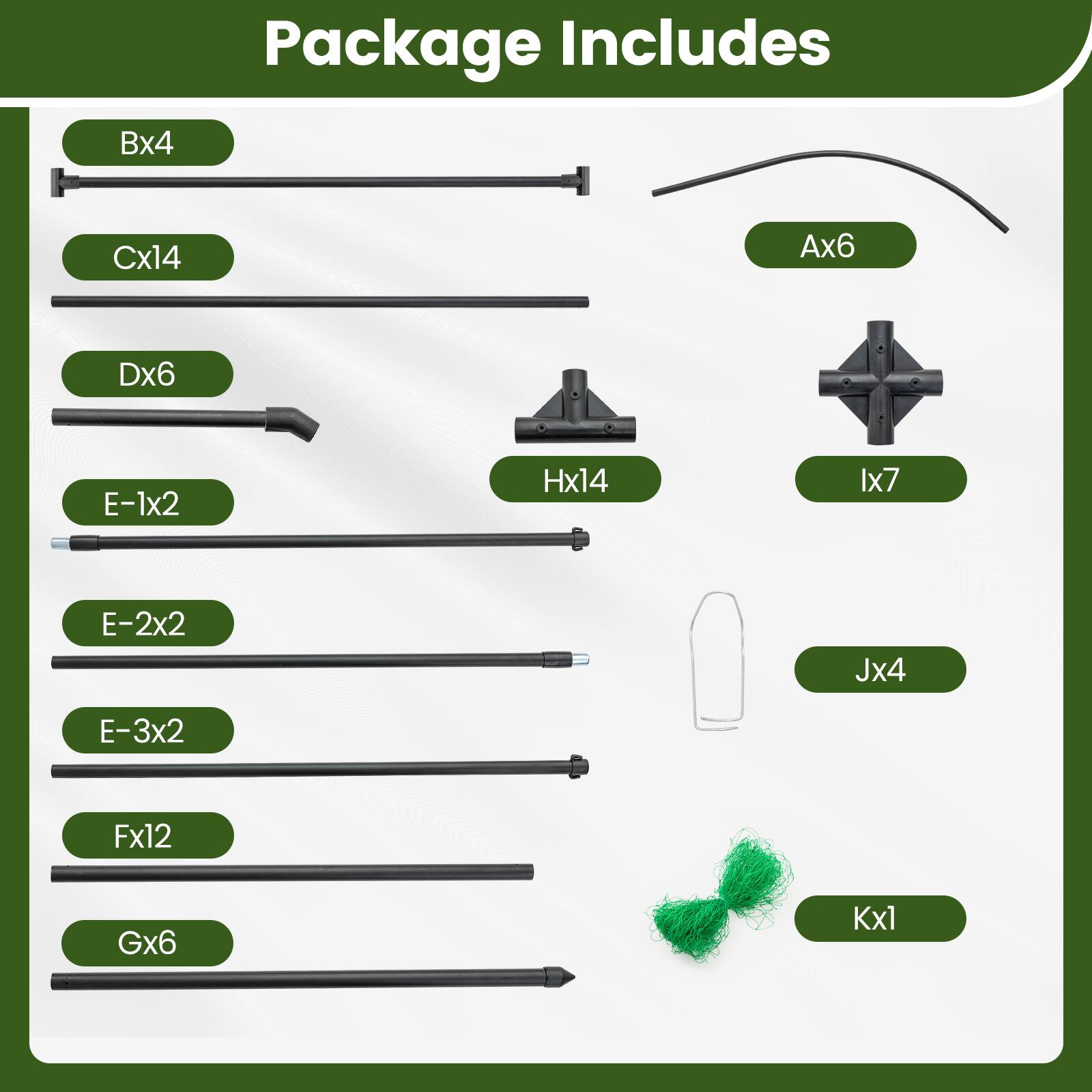 Package Includes

- Bx4
- Cx14
- Dx6
- Ax6
- E-1x2
- Hx14
- Ix7
- E-2x2
- Jx4
- E-3x2
- Fx12
- Gx6
- Kx1