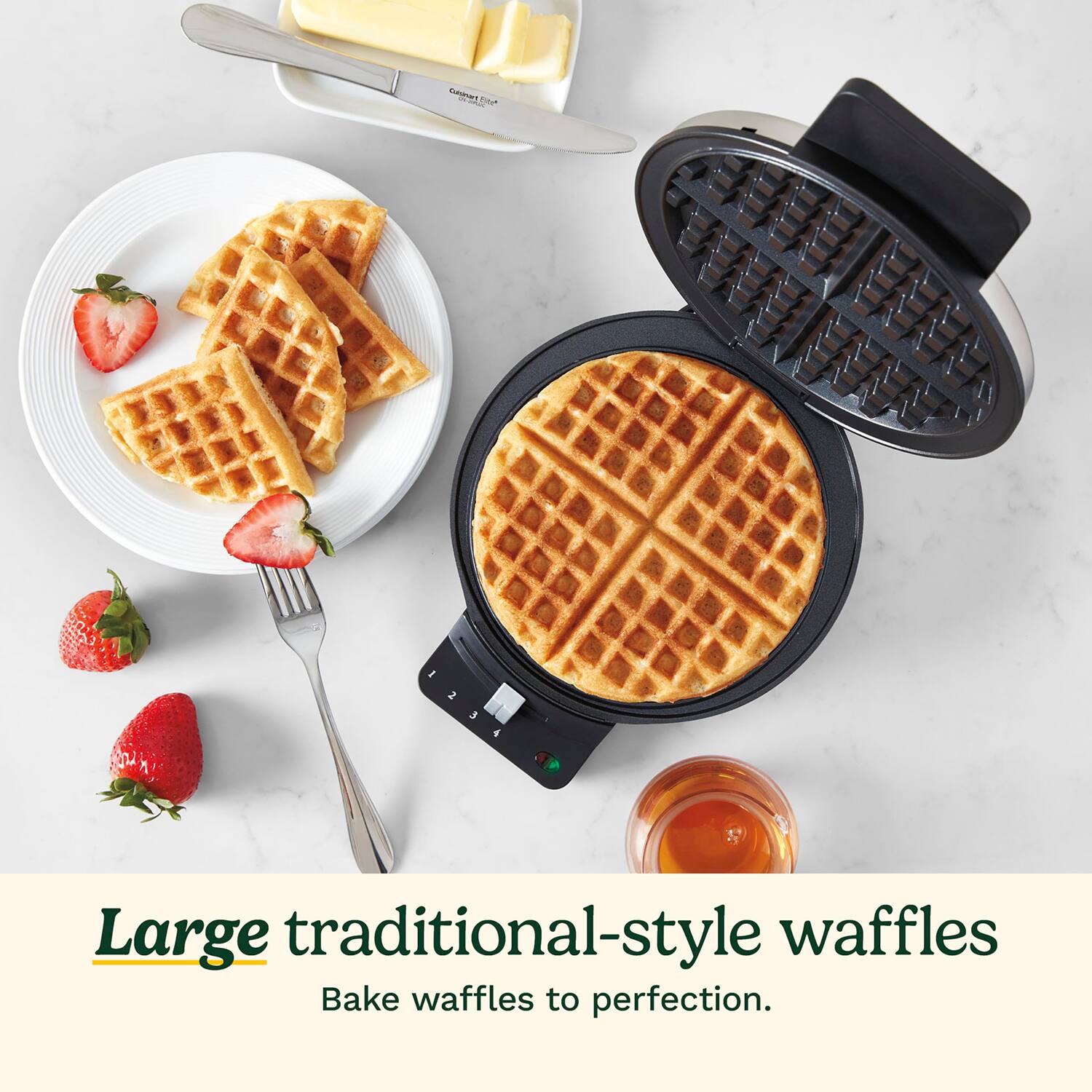 Large traditional-style waffles  
Bake waffles to perfection.