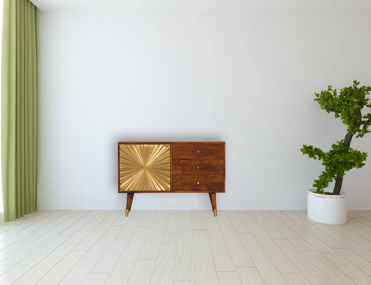 Alt View 7. Artisan Furniture - Artisan Furniture Solid Wood Manila Gold Sideboard, 3 Drawers, 2 Shelves, Gold and Brown - Brown and Gold.