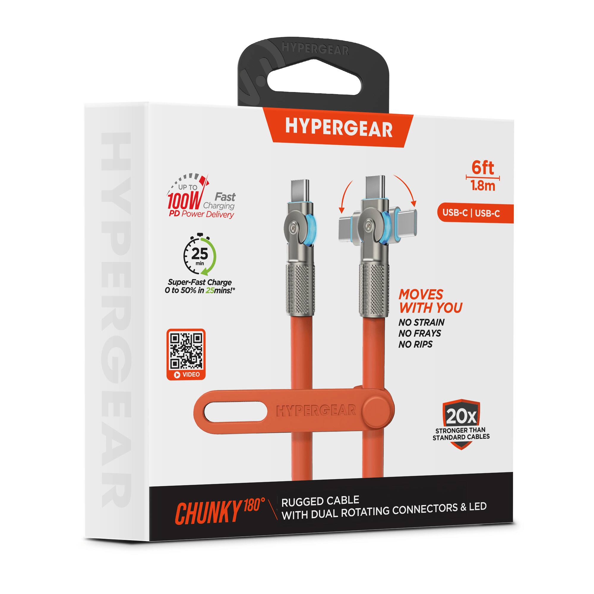 HYPERGEAR HYPERGEAR HYPERGEAR 6ft (1.8m) 100W Fast Charging PD Power Delivery USB-C | USB-C 25 min Super-Fast Charge 0 to 50% in 25mins! MOVES WITH YOU NO STRAIN NO FRAYS NO RIPS VIDEO HYPERGEAR 20x STRONGER THAN STANDARD CABLES 180° RUGGED CABLE CONNECTORS & LED CHUNKY WITH DUAL ROTATING