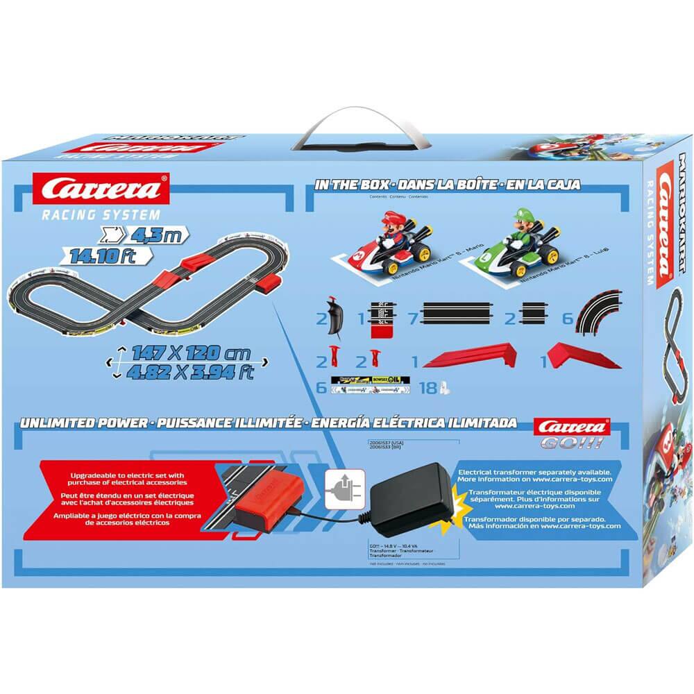 Sure, here is the corrected and grouped text from the image:

---

**Carrera®**  
**RACING SYSTEM**  
**4.3m**  
**14.10 ft**  
**147 X 120 cm**  
**4.82 X 3.94 ft**

**IN THE BOX - DANS LA BOÎTE - EN LA CAJA**  
18  
2  
1  
7  
2  
6  
2  
2  
1  
1  
O  
18

**UNLIMITED POWER - PUISSANCE ILLIMITÉE - ENERGÍA ELÉCTRICA ILIMITADA**  
**Cartera J00MS A GO!!!**

**Upgradeable to electric set with purchase of electrical accessories**  
**Peut être tendu en set électrique avec l'achat d'accessoires électriques**  
**Ampliable a juego eléctrico con la compra de accesorios eléctricos**

**Electrical transformer separately available.**  
**Transformateur électrique disponible séparément.**  
**Transformador disponible por separado.**  
**More information on www.carrera-toys.com**  
**Plus d'