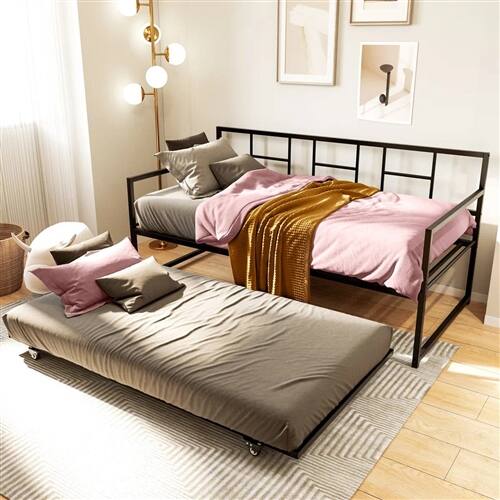 Angle. Hivvago - Twin size Black Metal Daybed Frame with Roll Out Trundle Bed Frame - Black.