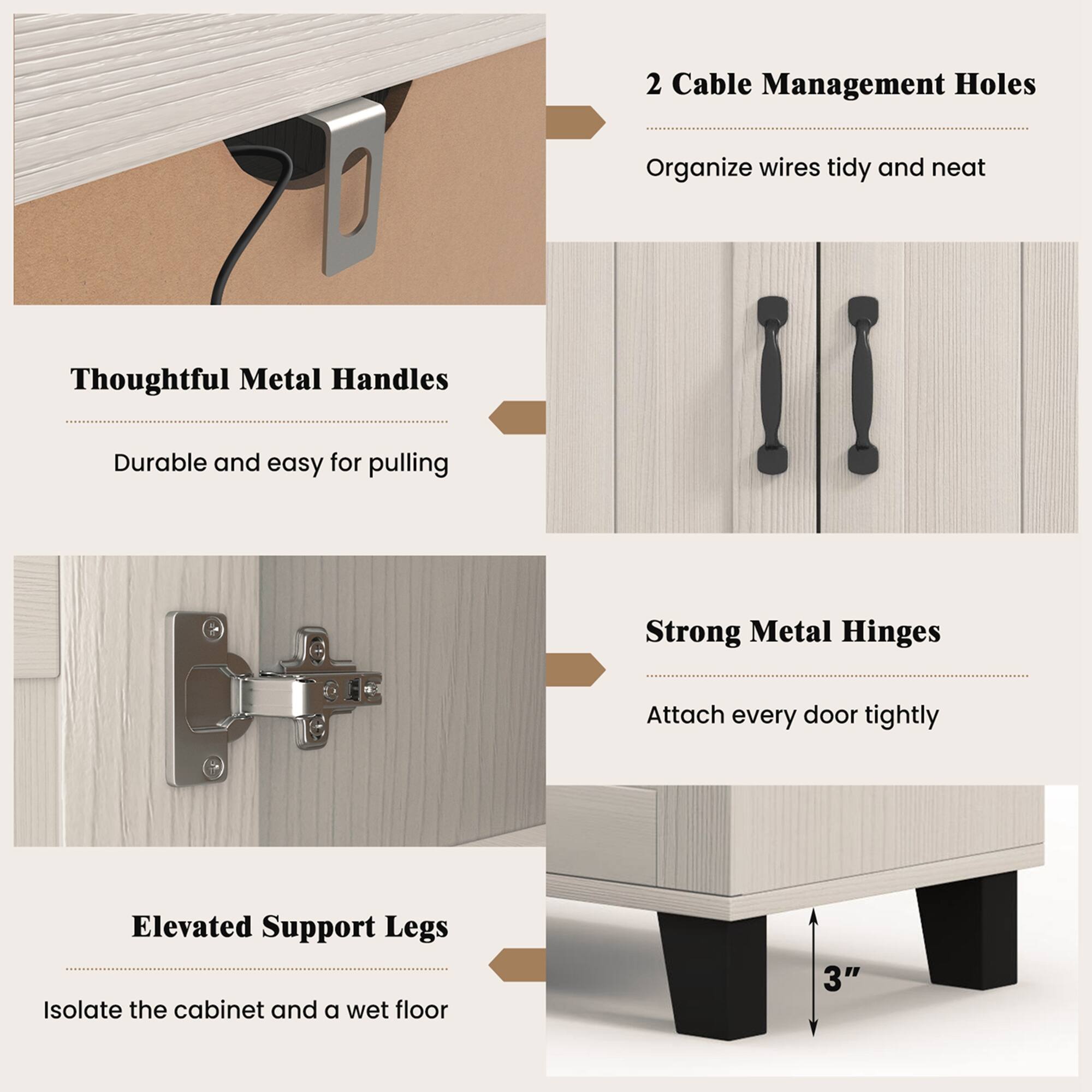 Group:

1. 2 Cable Management Holes
2. Organize wires tidy and neat
3. Thoughtful Metal Handles
4. Durable and easy for pulling
5. Strong Metal Hinges
6. Attach every door tightly
7. Elevated Support Legs
8. Isolate the cabinet and a wet floor
9. 3"

Corrected text:

1. 2 Cable Management Holes
2. Organize wires tidy and neat
3. Thoughtful Metal Handles
4. Durable and easy for pulling
5. Strong Metal Hinges
6. Attach every door tightly
7. Elevated Support Legs
8. Isolate the cabinet and a wet floor
9. 3"