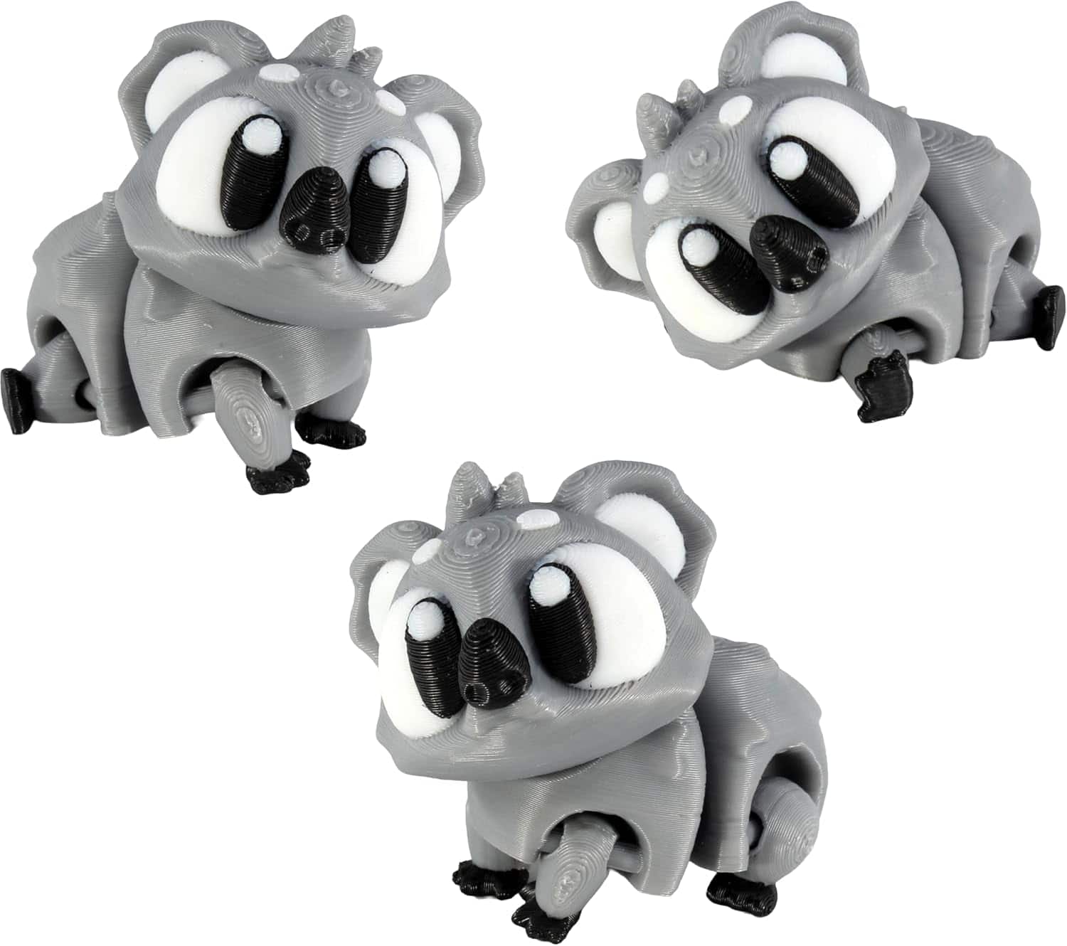 JuzToys - 3D Printed Articulated Koala Fidget Toy 3 Pack – Flexible Cute Animal Desk Decor, Adult Fidget Collectible by PowerTRC - Gray