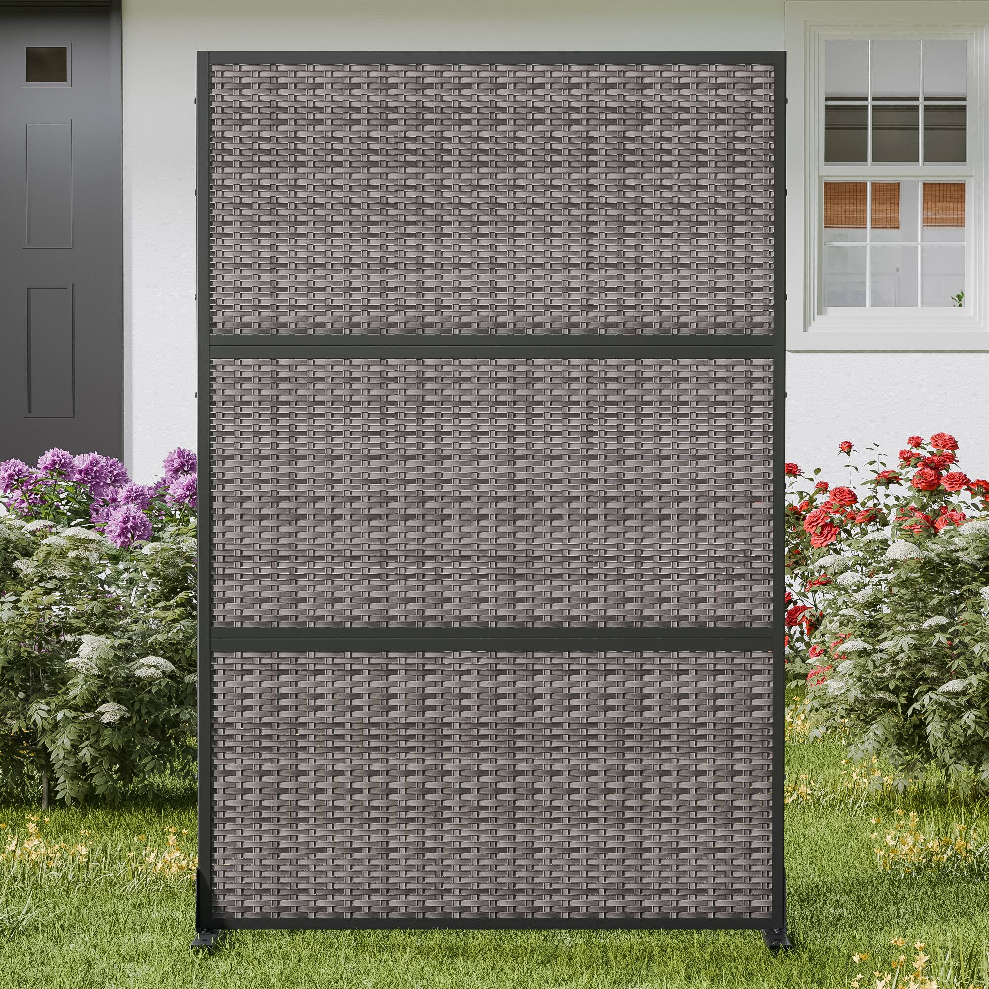 Front. PexFix - 72 in. x 47 in. Rattan Cross Pattern Metal Outdoor Privacy Screen & Panels, Freestanding Garden Divider Fence - Black.