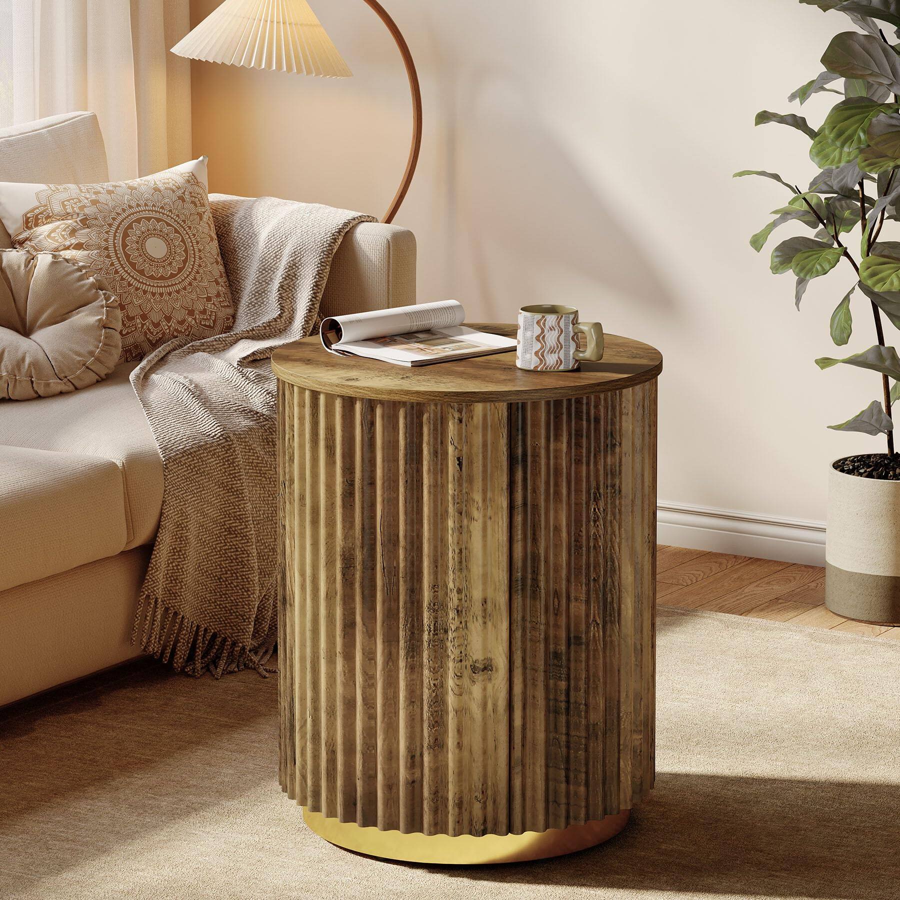 Alt View 2. Tribesigns - Fluted Round End Table - Rustic Brown.