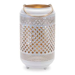 BreeBe - Lattice Punched Metal Lantern with Gold Accent 13.75"H - White, Gold