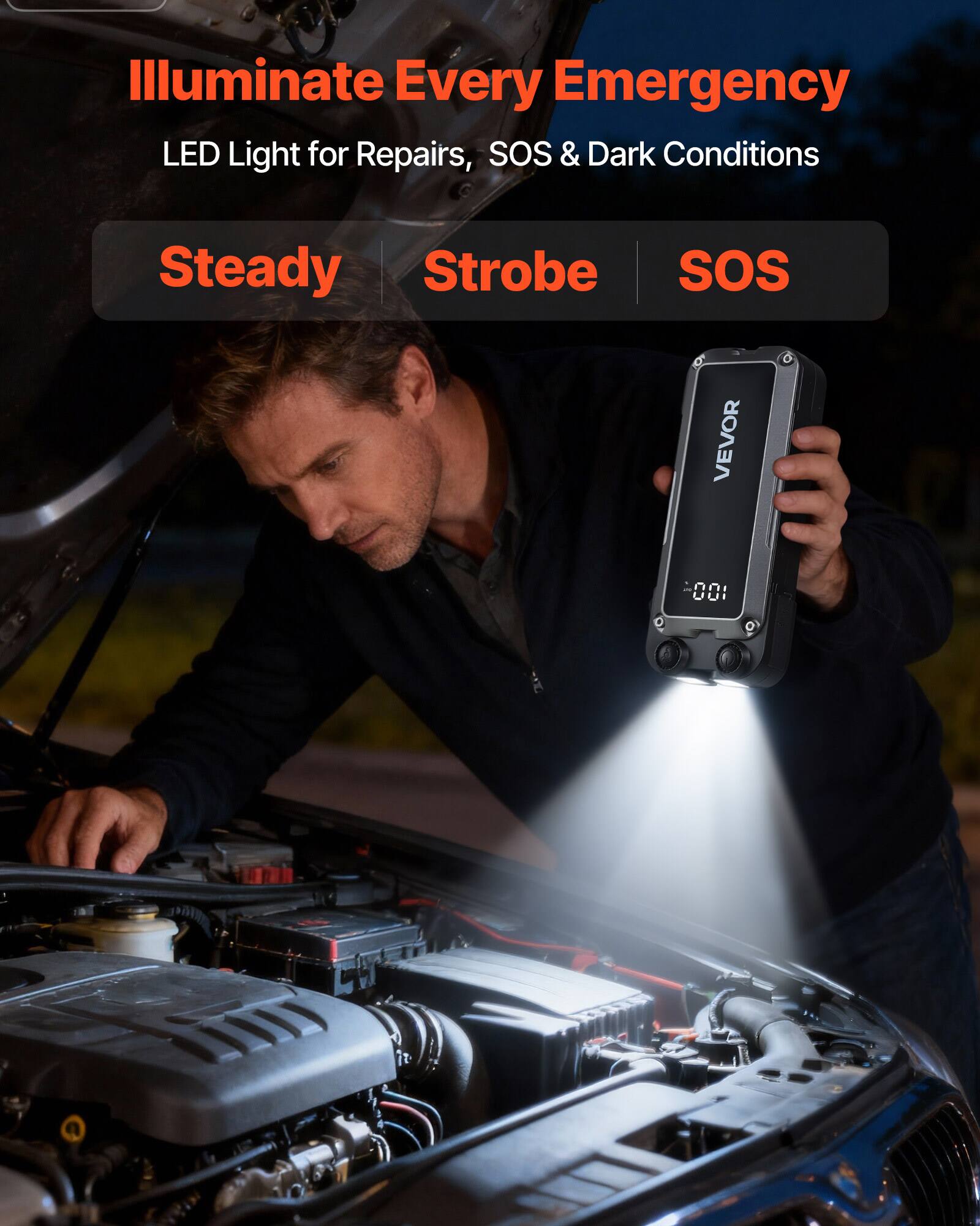 Illuminate Every Emergency  
LED Light for Repairs, SOS & Dark Conditions  

Steady | Strobe | SOS  

VEVOR