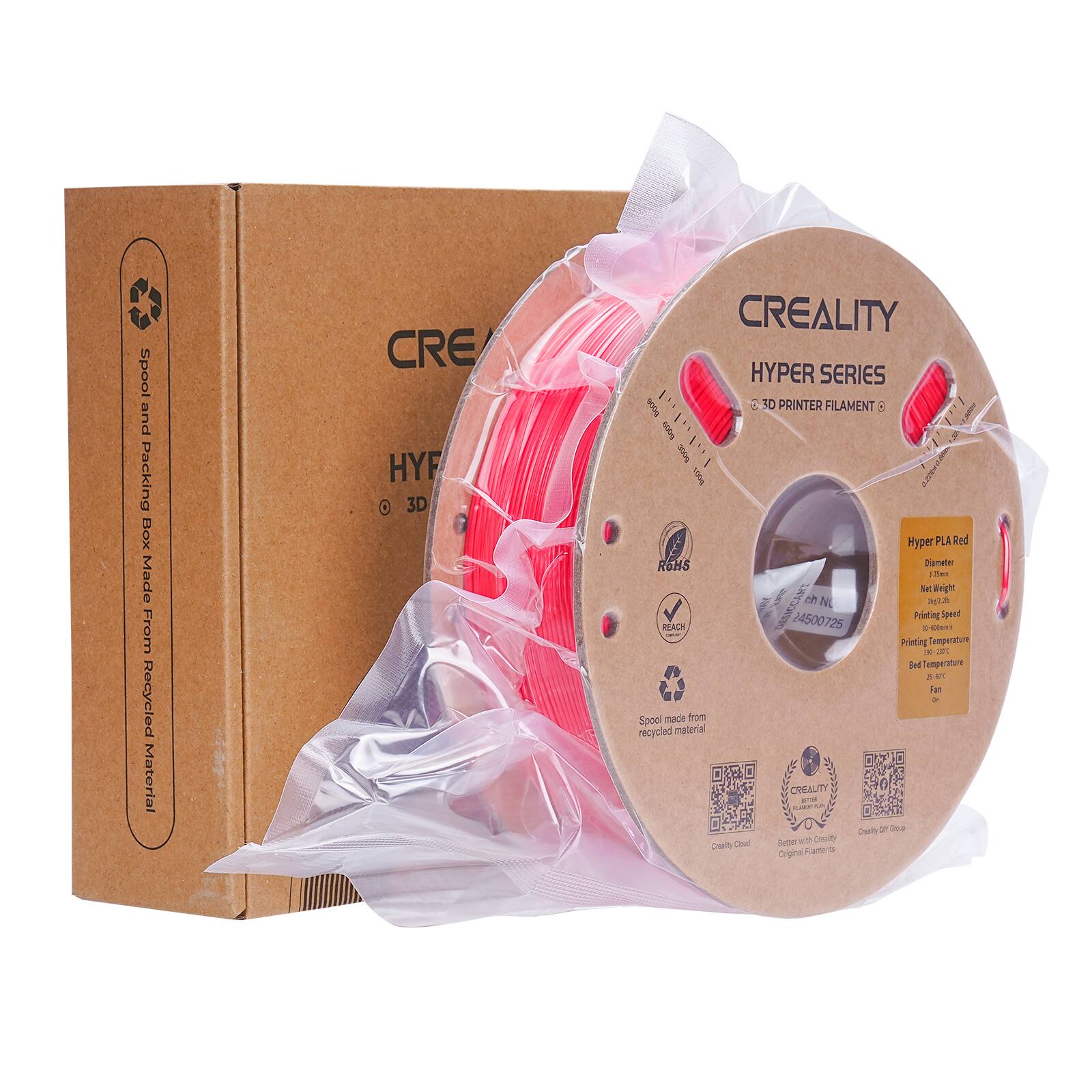 The image features a spool of red filament made by Creality Hyper Series. The filament is wrapped in plastic and placed on top of a cardboard box. The box is made from recycled material, and the filament is designed for 3D printing. The filament is 1.75mm in diameter and is bright red in color. The packaging includes a printing temperature of 210°C and a fan speed of 50%. The spool is made from recycled material, contributing to environmental sustainability.