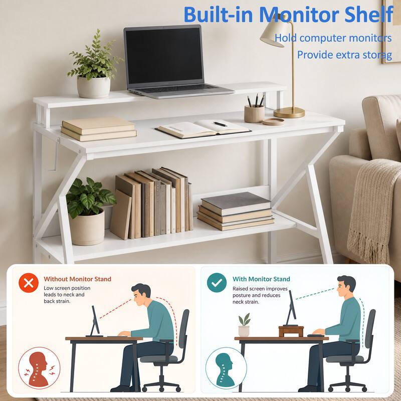 Built-in Monitor Shelf  
Hold computer monitors  
Provide extra storage  

Without Monitor Stand  
Low screen position leads to neck and back strain.  

With Monitor Stand  
Raised screen improves posture and reduces neck strain.