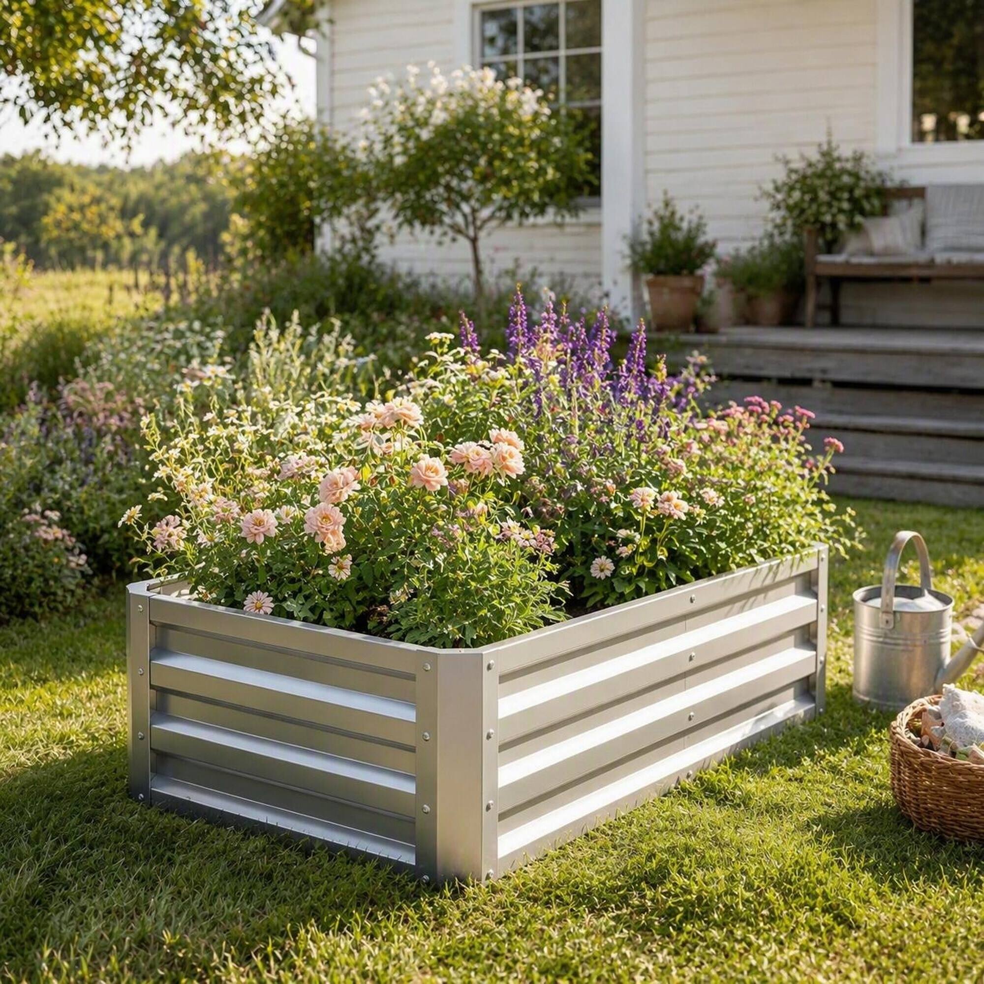 Angle. RYHNUYNE - Galvanized Steel Raised Garden Bed 4x2x1 ft Outdoor Metal Planter Box for Vegetables Flowers Herbs and Succulents - Silver.