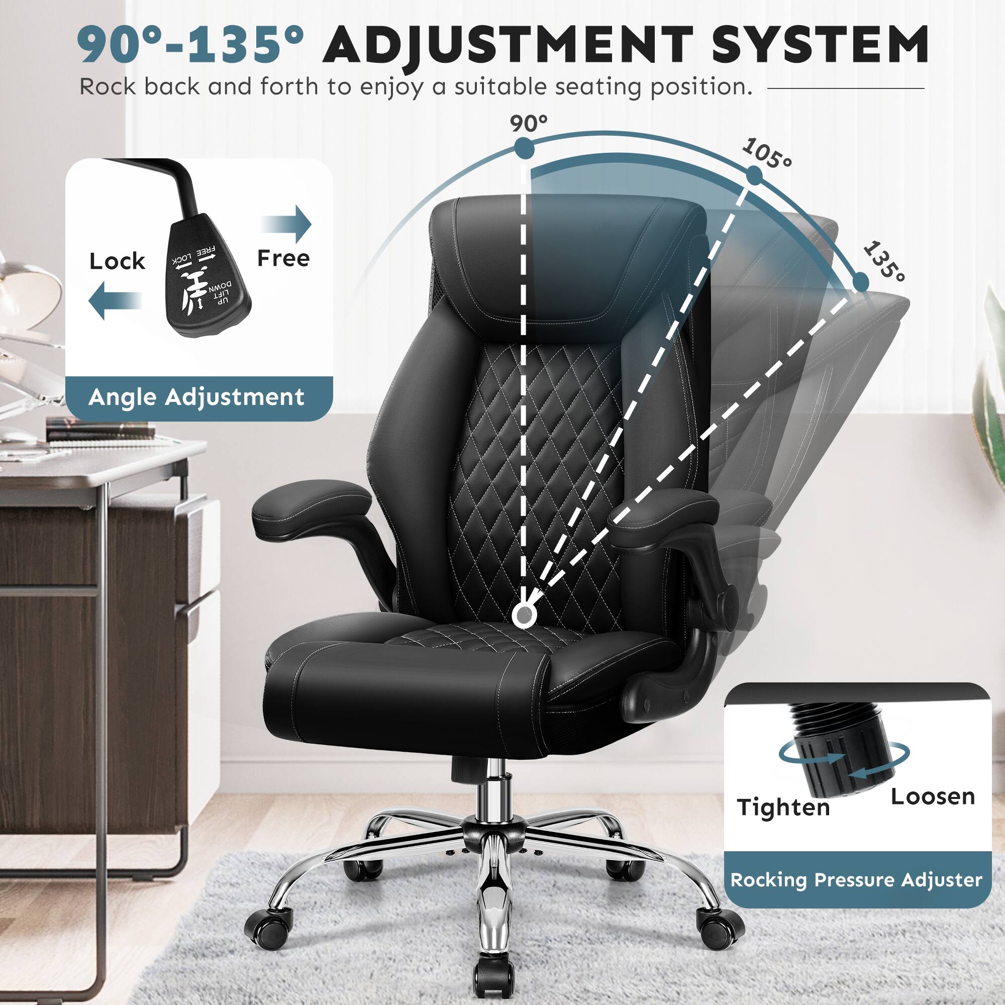 90°-135° ADJUSTMENT SYSTEM  
Rock back and forth to enjoy a suitable seating position.  

Lock  
Free  

Angle Adjustment  

Tighten  
Loosen  

Rocking Pressure Adjuster