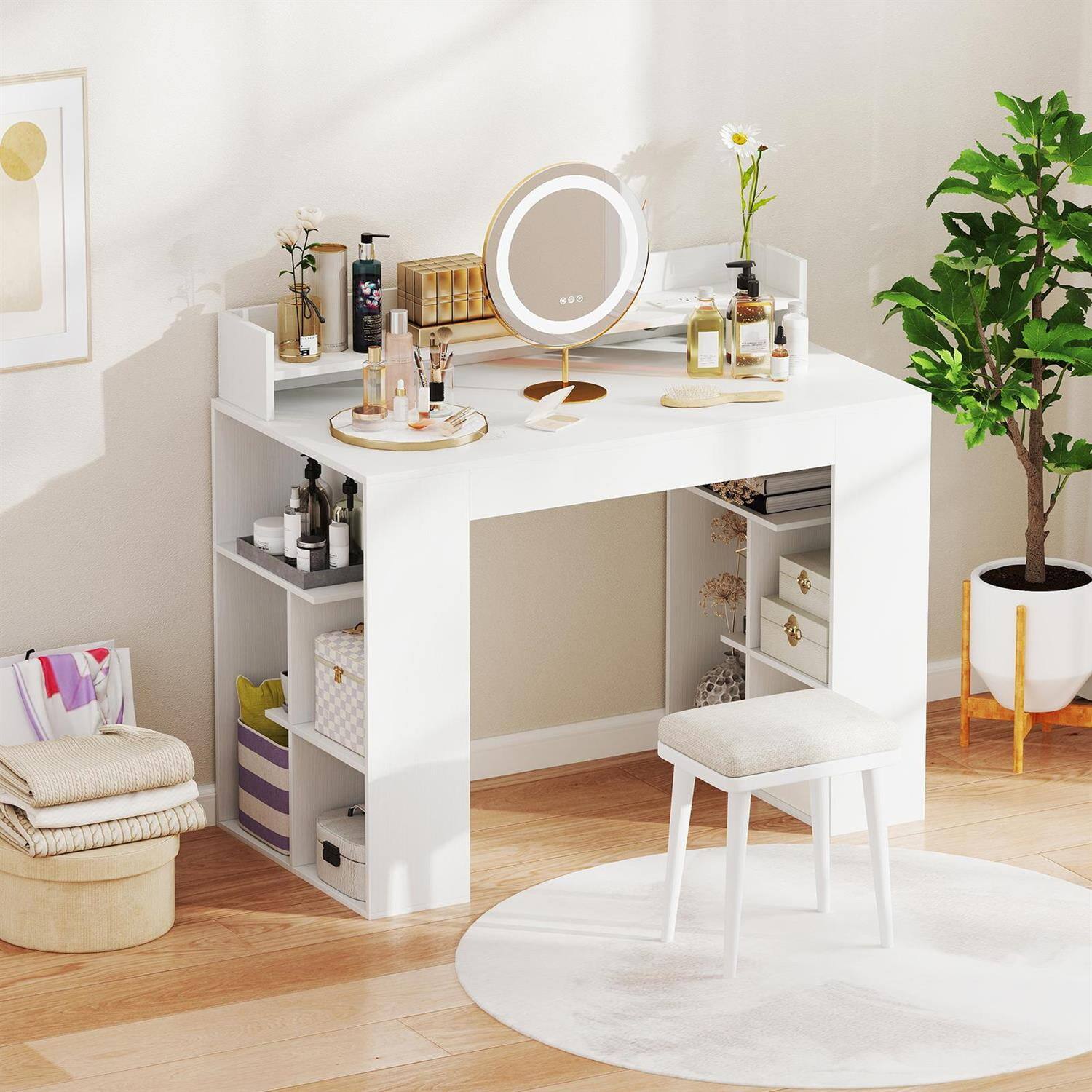 Angle. Pefilos - 43 Inch Computer Desk - with Power Outlets USB/Type-C Ports, Reinforced Structure, 2 Attached Bookcases, White - White.