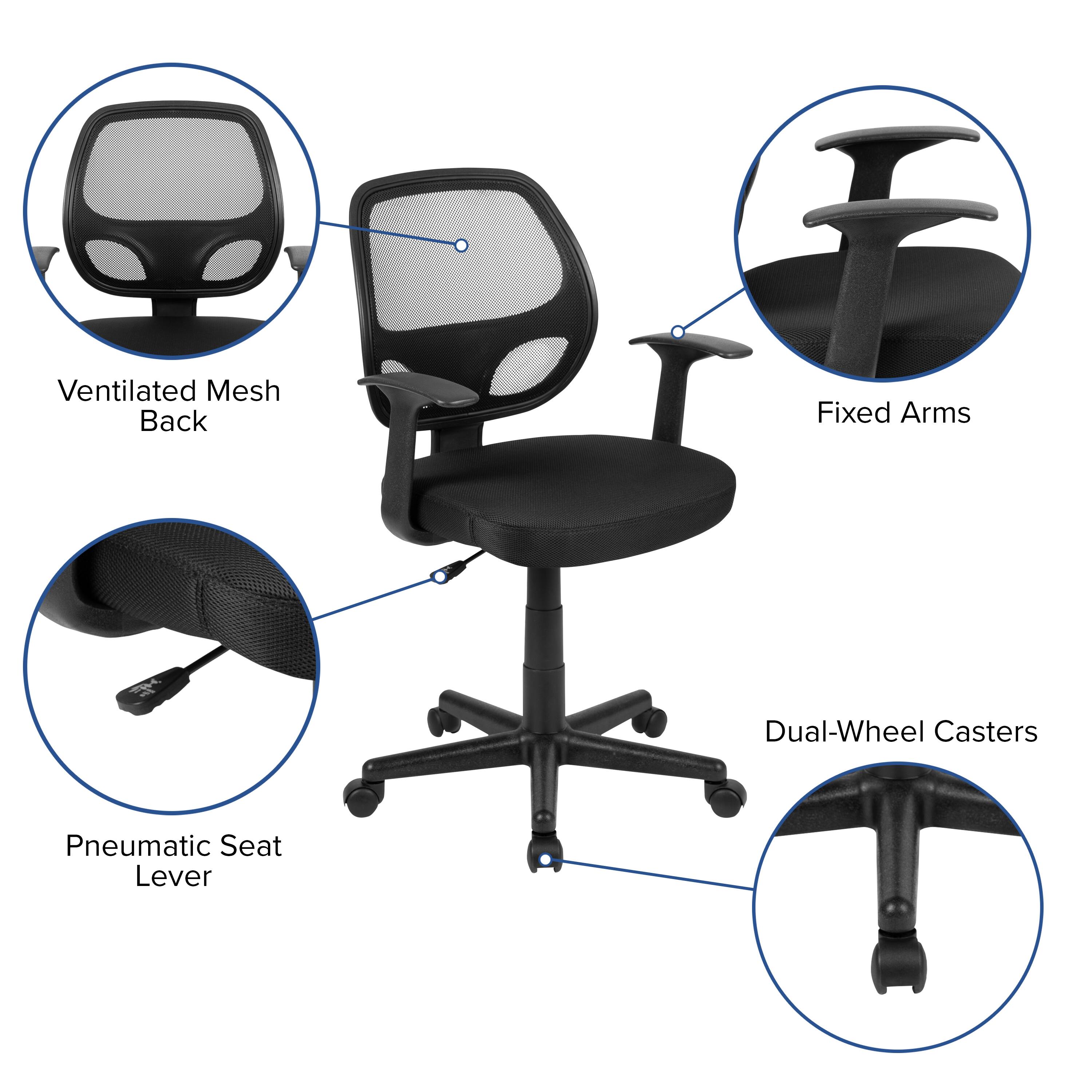 Ventilated Mesh Back  
Fixed Arms  
Dual-Wheel Casters  
Pneumatic Seat Lever