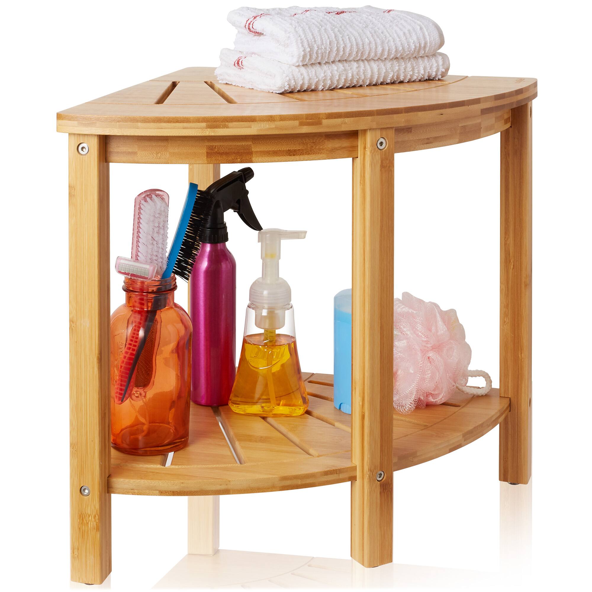Alt View 2. Casafield - Bamboo Corner Shower Bench with Storage Shelf - 2-Tier Bathroom Stool - Natural.