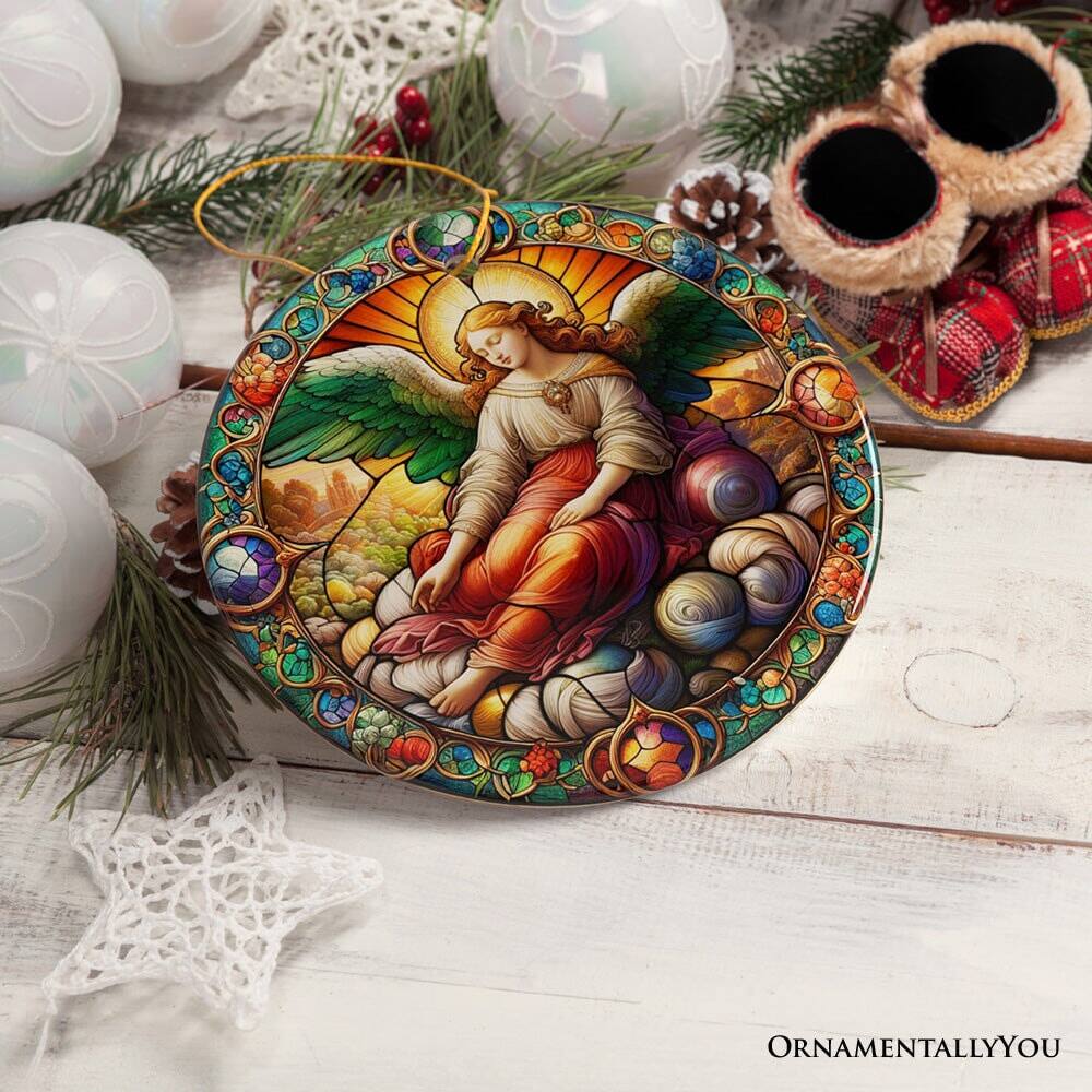 Back. OrnamentallyYou - Beautiful Angel Medieval Stained Glass Themed Painting Christmas Ornament Renaissance Italy Gift - Multi-colored.