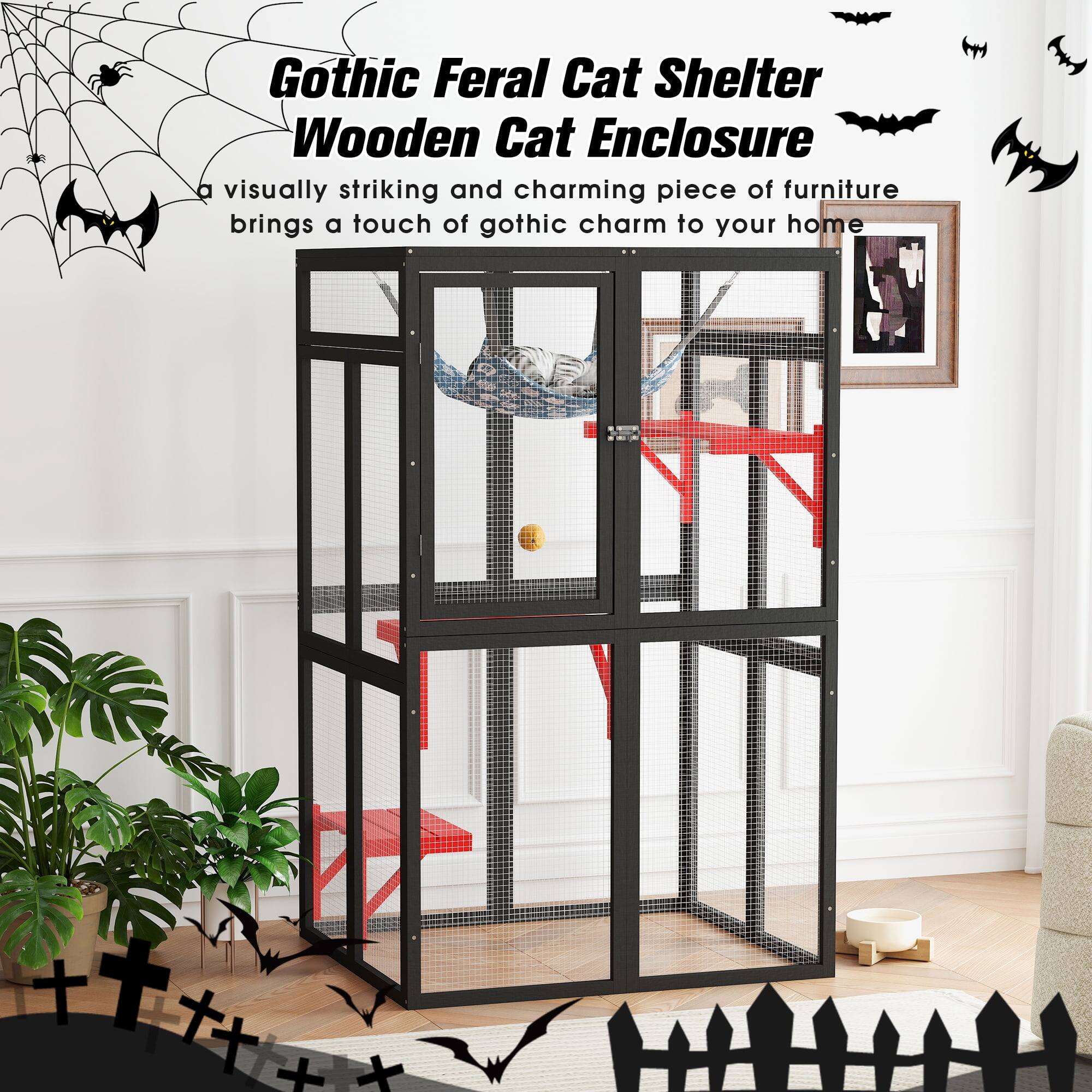 Gothic Feral Cat Shelter Wooden Cat Enclosure  
a visually striking and charming piece of furniture  
brings a touch of gothic charm to your home