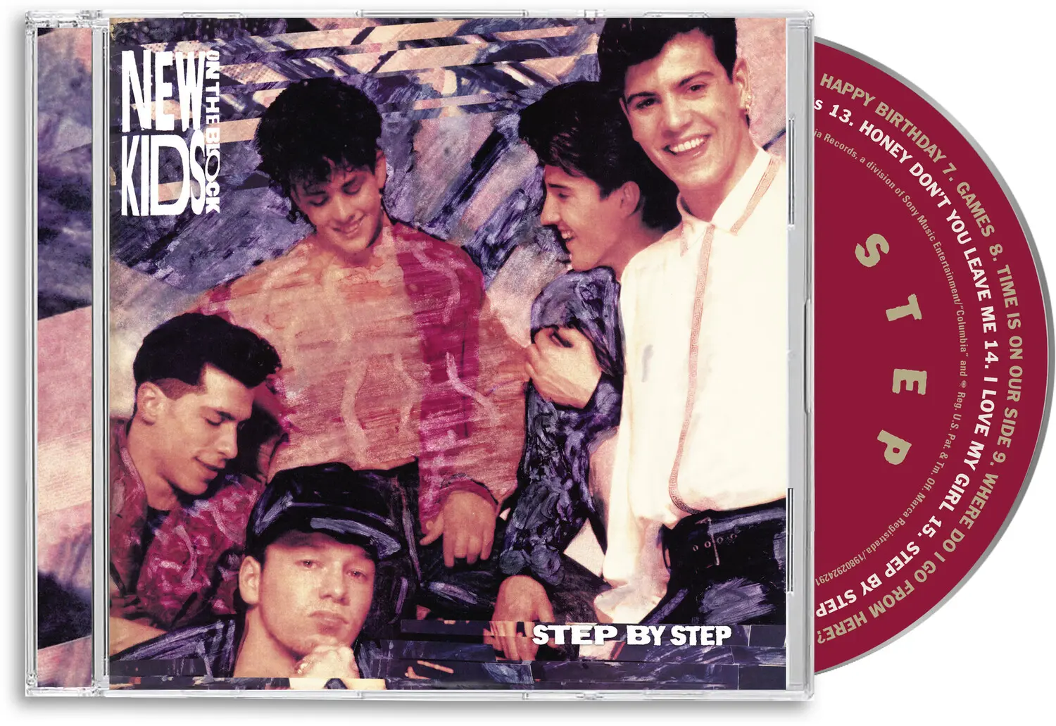 **Front Cover:**
- NEW KIDS ON THE BLOCK
- STEP BY STEP

**Back Cover:**
- STEP BY STEP

**CD:**
- HAPPY BIRTHDAY 13. HONEY DON'T YOU LEAVE ME 14. OUR SIDE 15. I LOVE MY GIRL 16. WHERE DO YOU STEP
- S T E P
- a Records, a division of Sony Music Entertainment/Columbia Records and Reg. U.S. Pat. & Tm. Off. Marca Registrada./19802924291