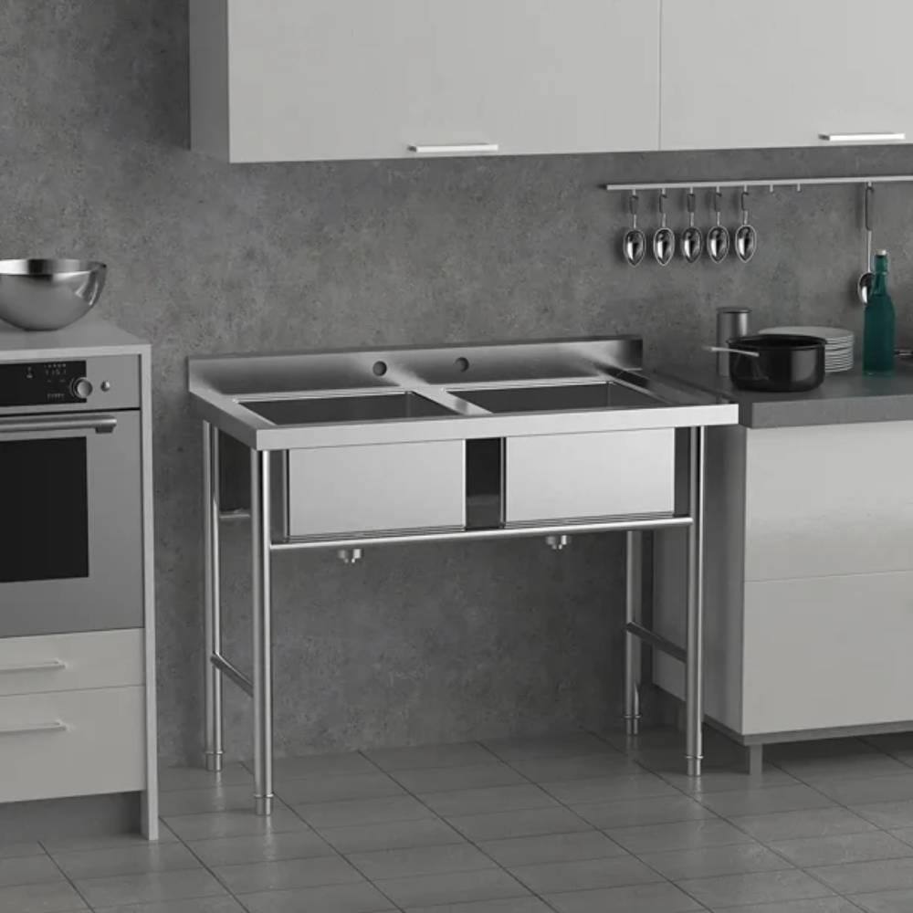 Left. Winado - Commercial Stainless Steel Utility & Prep Sink with Backsplash & 2 Compartment & Adjustable Legs for Kitchen, Restaurant - Silver.