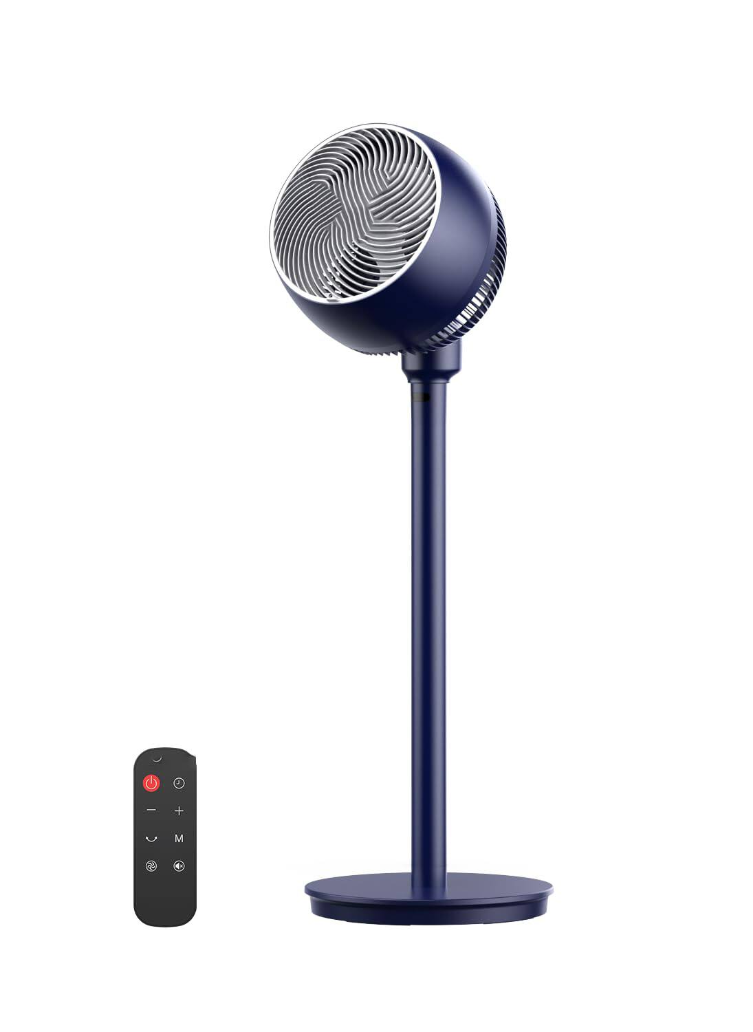 GlowWise - 9" Standing Pedestal Fan with Remote, 12 Speeds, 25dB Quiet, 960CFM, Adjustable Height 12-37", 12H Timer (Dark - Blue