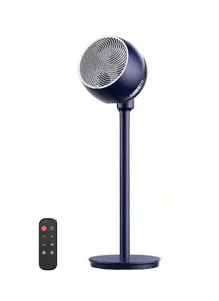 Front. GlowWise - 9" Standing Pedestal Fan with Remote, 12 Speeds, 25dB Quiet, 960CFM, Adjustable Height 12-37", 12H Timer (Dark Blue). - Blue.
