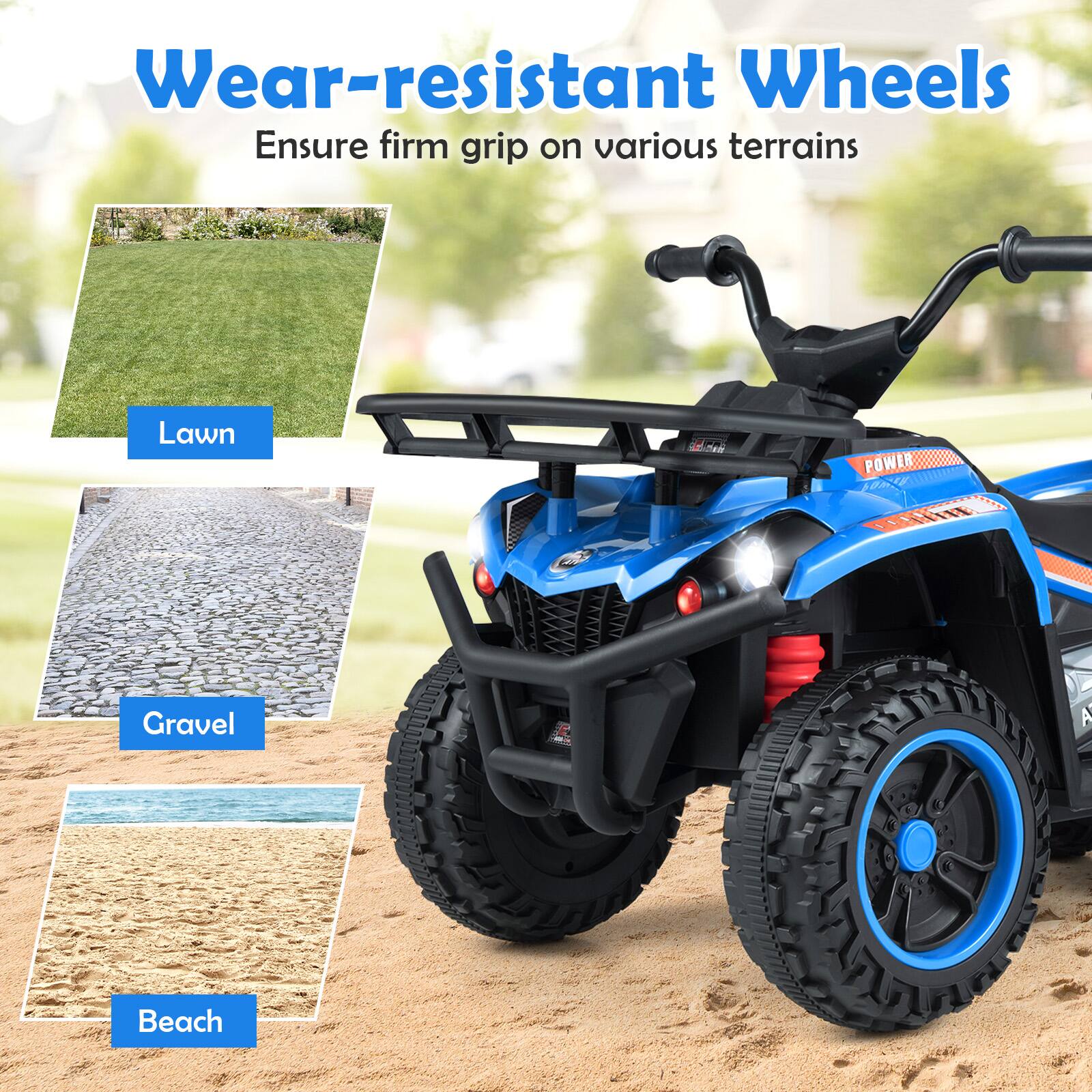 Wear-resistant Wheels  
Ensure firm grip on various terrains  

Lawn  
Gravel  
Beach