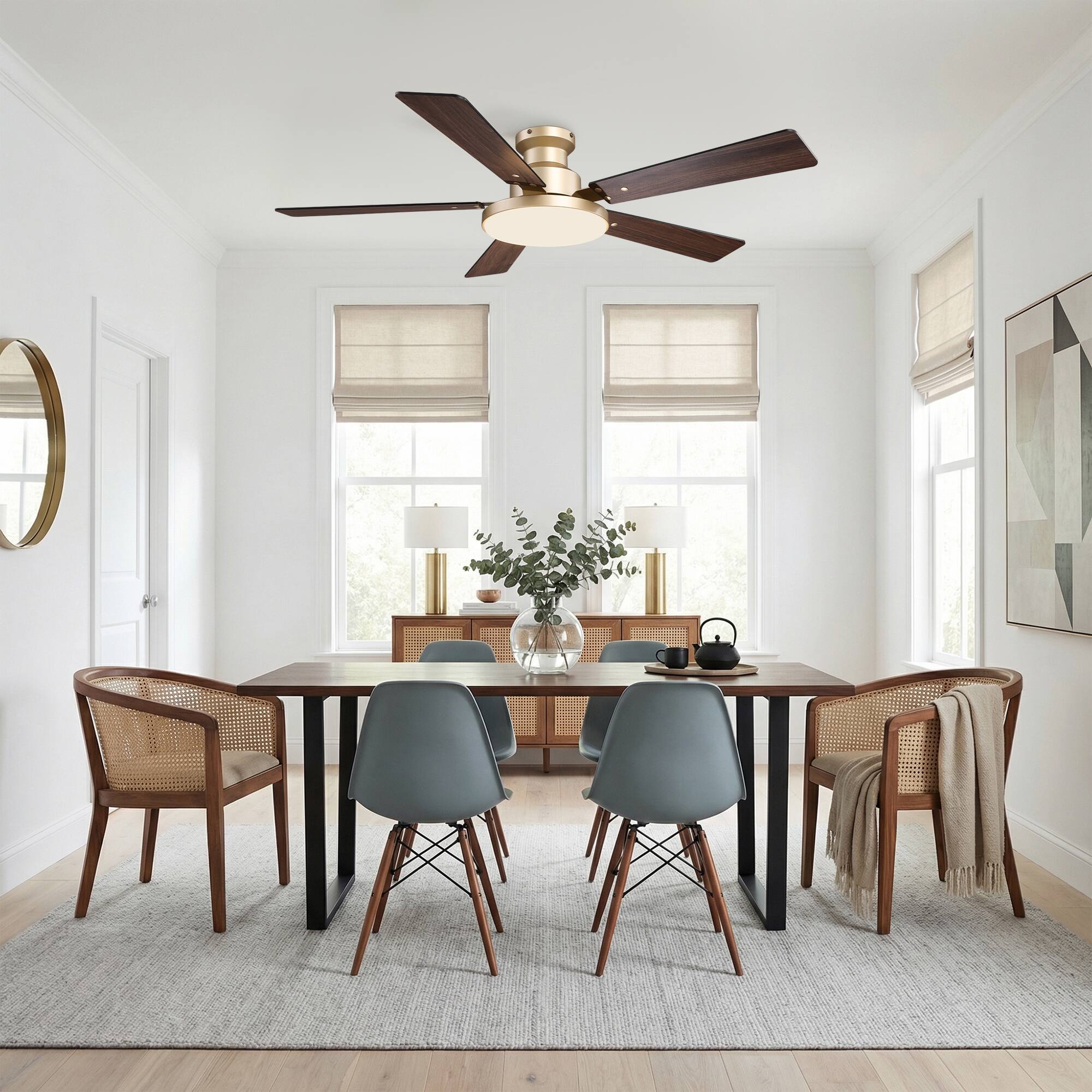 Left. Vaczon - 52" Modern Reversible Blades Smart Flush Mount Ceiling Fan with Dimmable LED Light and Remote, APP Control - Gold.