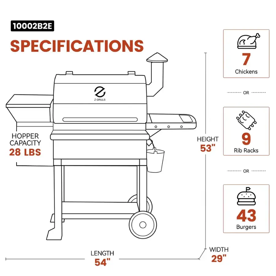 10002B2E SPECIFICATIONS:
- 7 Chickens or 2 Chickens
- 28 LBS Hopper Capacity
- 53" Height
- 9 Rib Racks or 43 Burgers
- 54" Length
- 29" Width