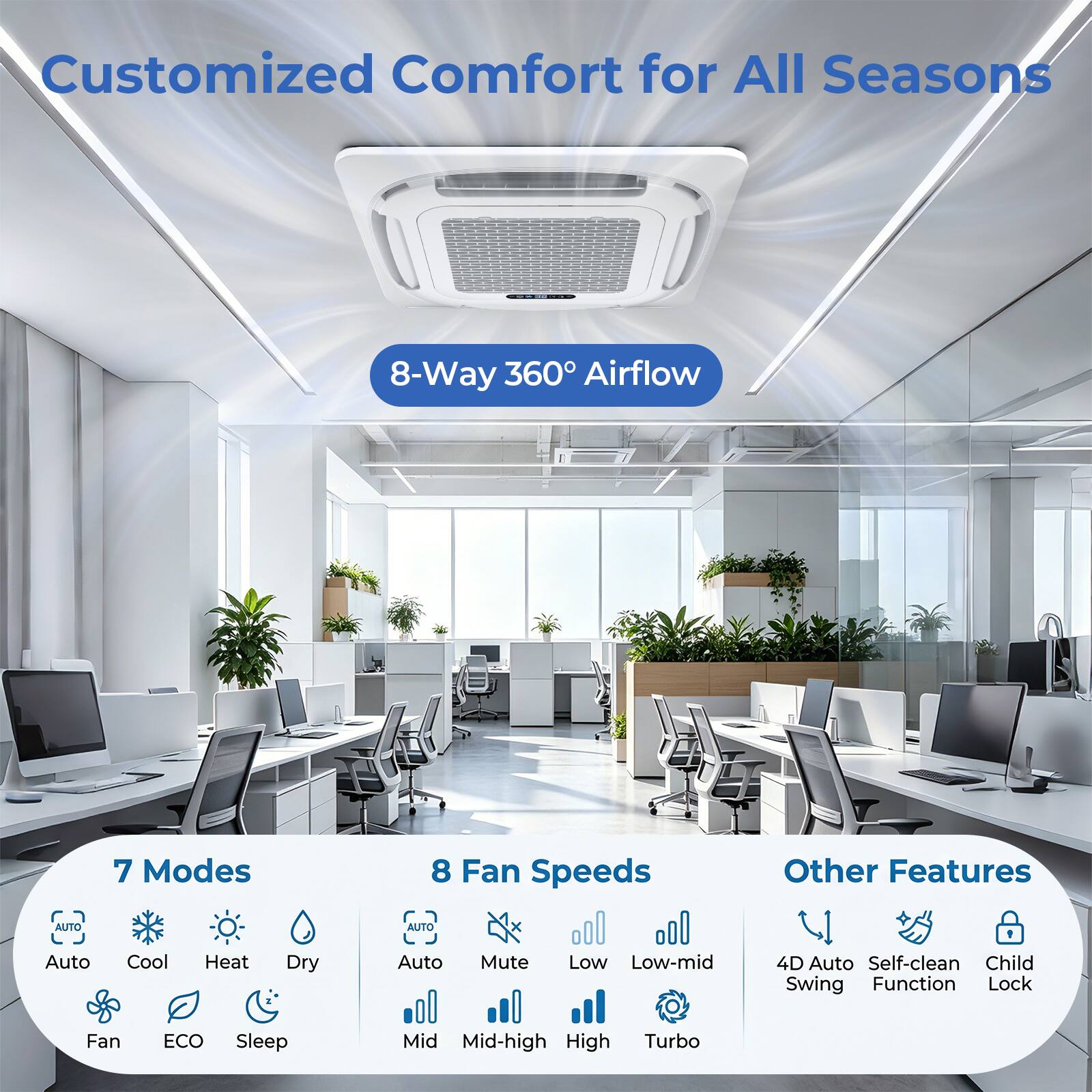 Customized Comfort for All Seasons

8-Way 360° Airflow

7 Modes
- Auto
- Cool
- Heat
- Dry
- Fan
- ECO
- Sleep

8 Fan Speeds
- Auto
- Mute
- Low
- Low-mid
- Mid
- Mid-high
- High
- Turbo

Other Features
- 4D Auto Swing
- Self-clean Function
- Child Lock