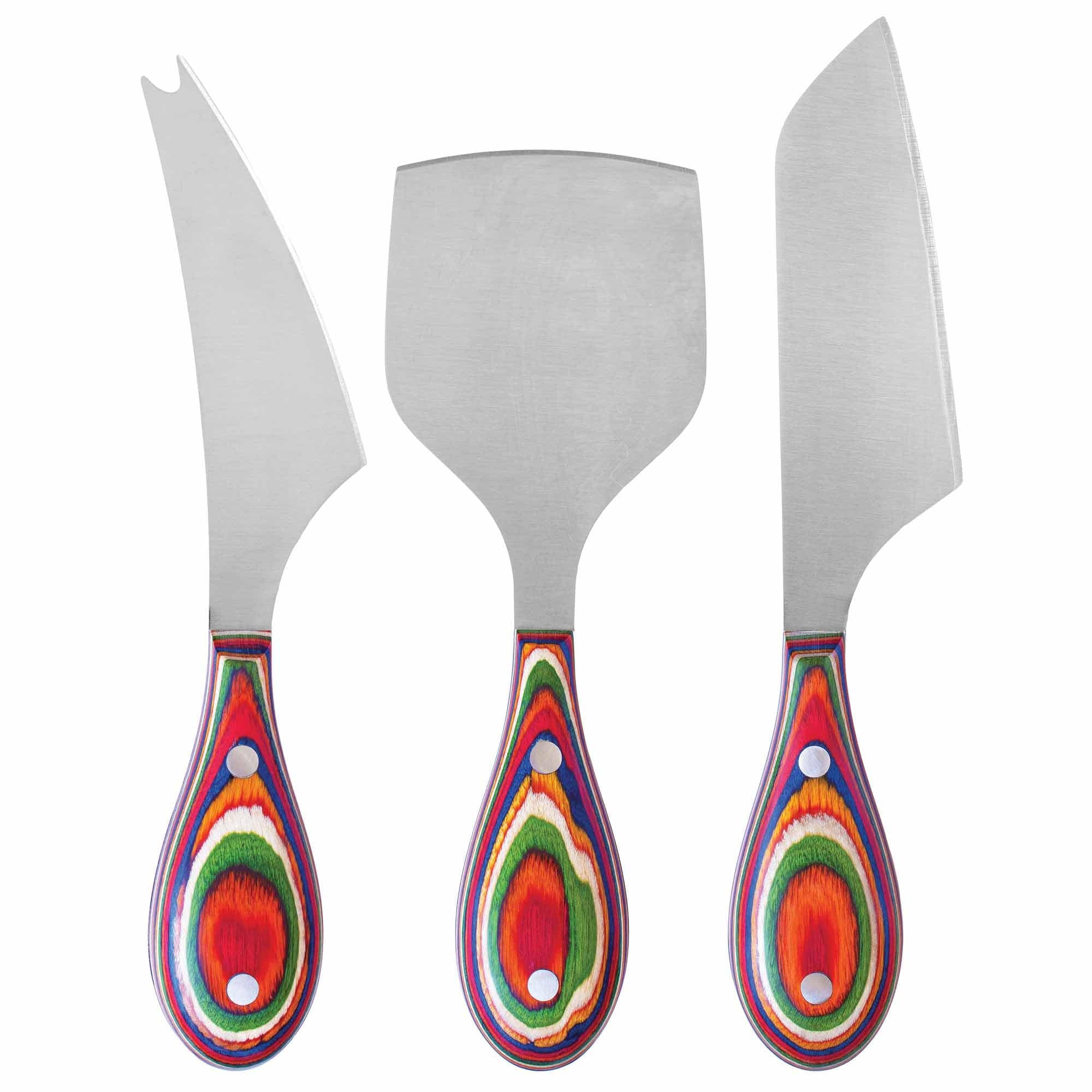 Front. Baltique - Marrakesh Collection 3-Piece Cheese Knife Set, Stainless Steel Cheese Knives with Colorful Wooden Handles - Red, Blue, Green, Orange.