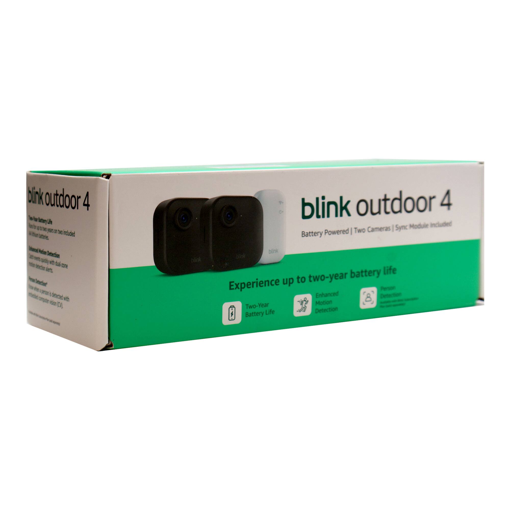 blink outdoor 4  
Battery Powered | Two Cameras | Sync Module Included  

Experience up to two-year battery life  

- Two-Year Battery Life  
- Enhanced Motion Detection  
- Person Detection