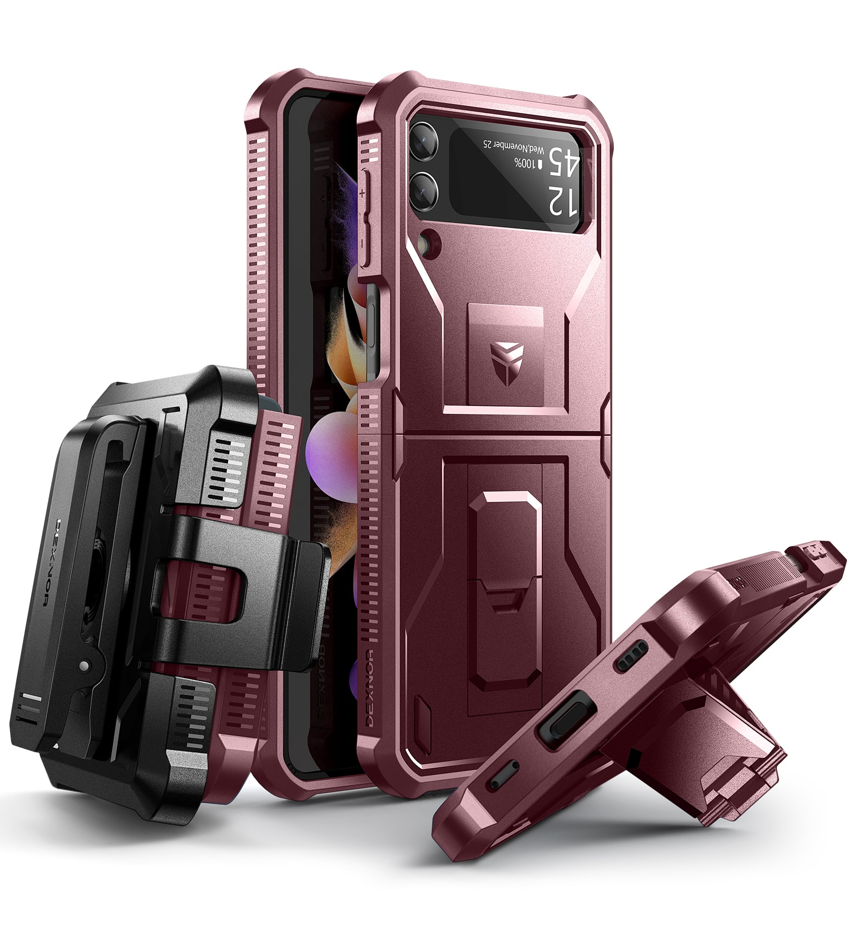 dexnor - Shockproof Case for Samsung Galaxy Z Flip 3 5G Rugged Bumper Protective Case with 360°Rotatable Belt Clip - Maroon Red