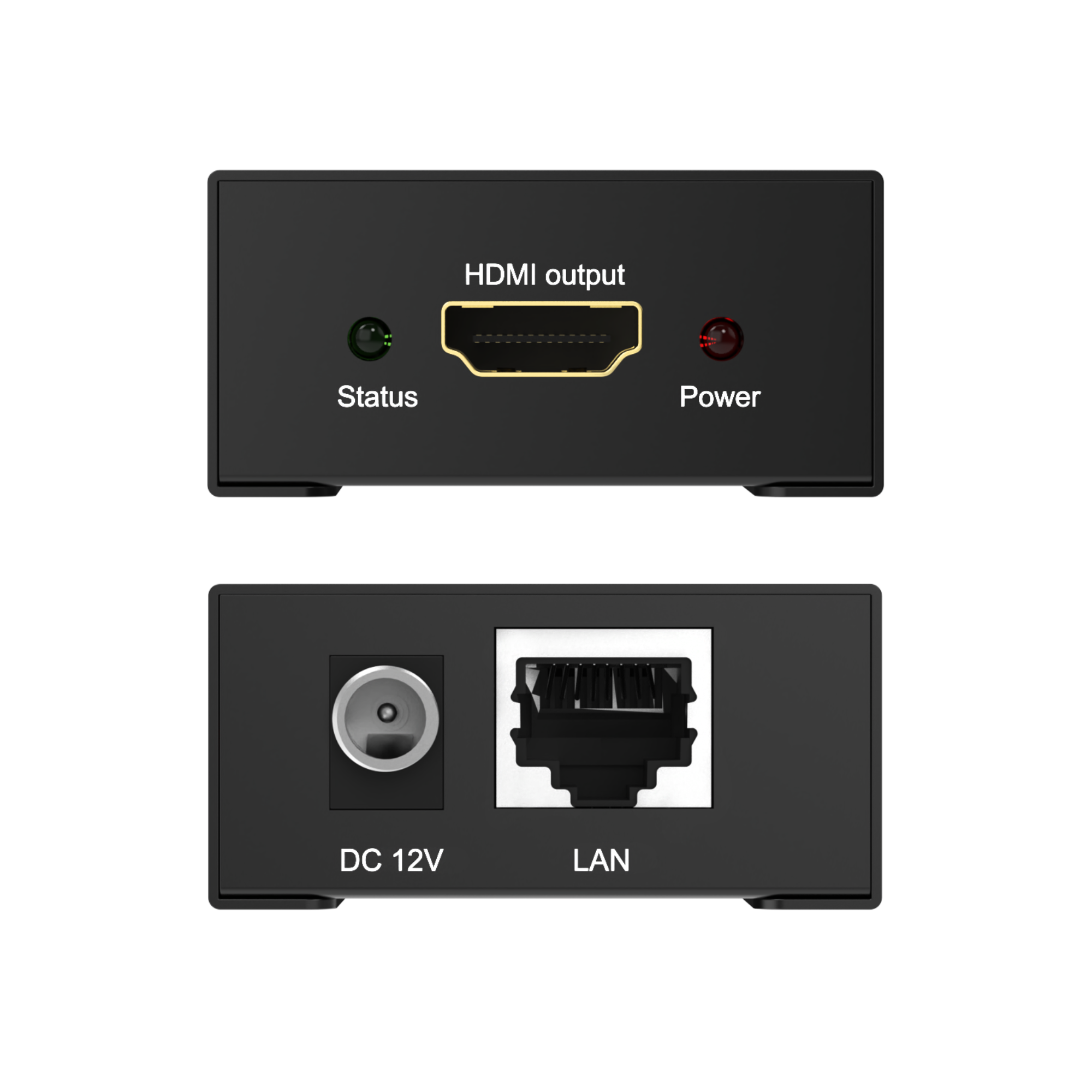 HDMI output, Status, Power, DC 12V, LAN