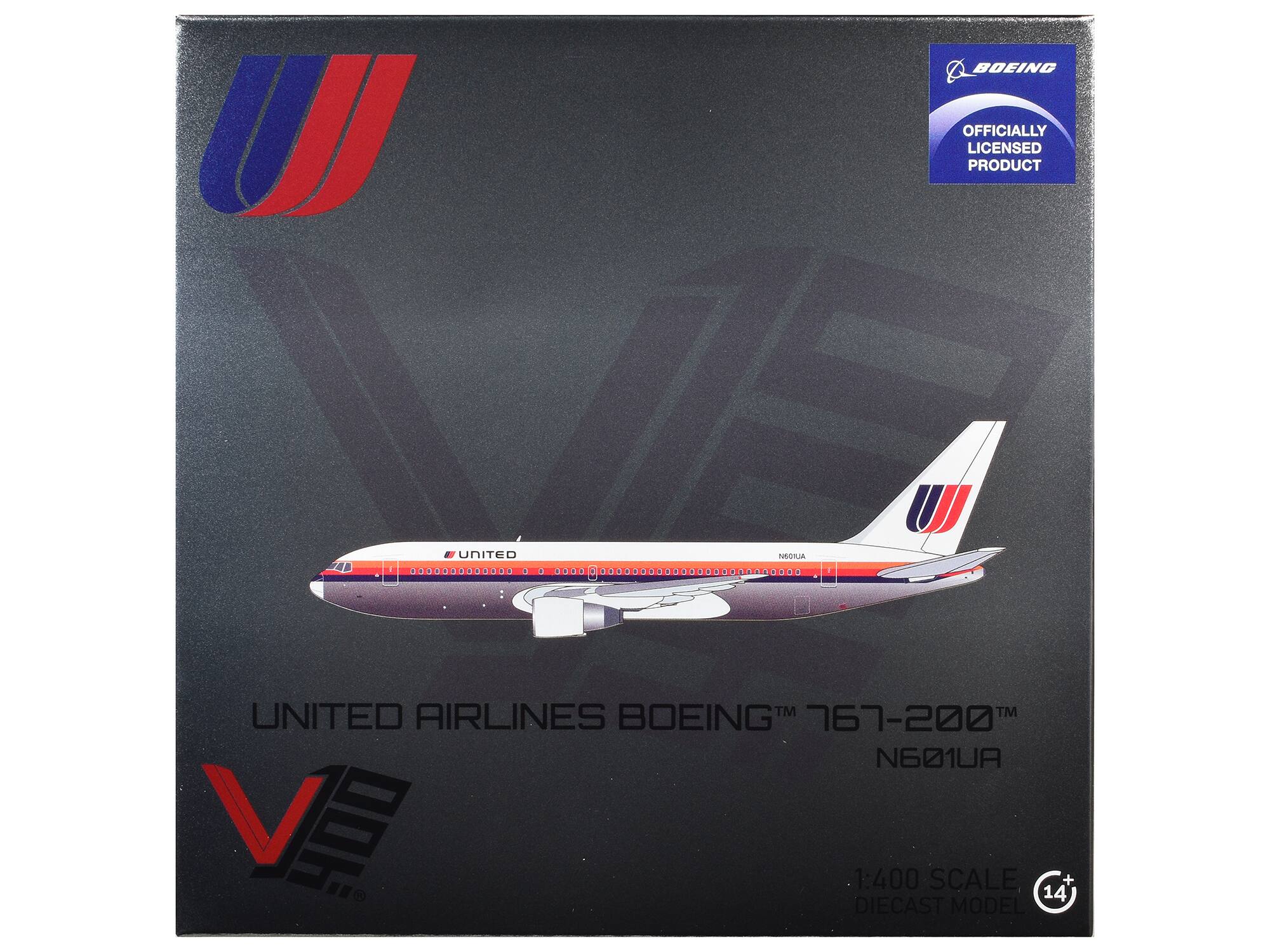 BOEING  
OFFICIALLY LICENSED PRODUCT  
UNITED N601UA  
UNITED AIRLINES BOEING™ 767-200 N601UA  
1:400 SCALE 14 DIECAST MODEL