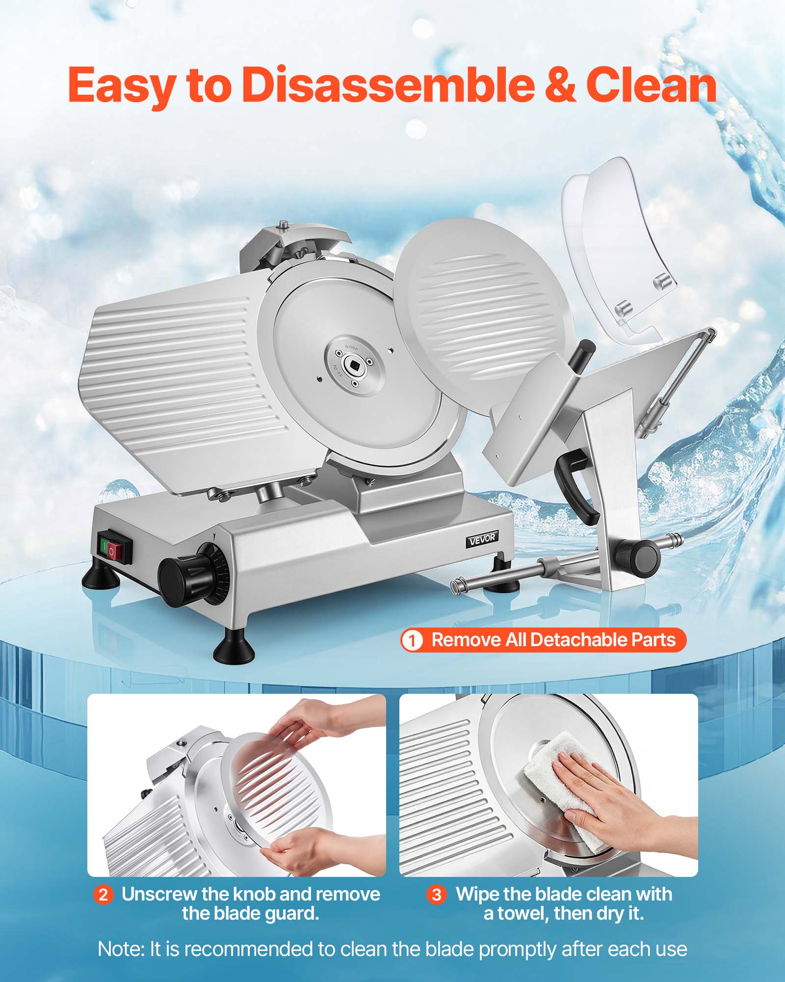 Easy to Disassemble & Clean

1. Remove All Detachable Parts
2. Unscrew the knob and remove the blade guard.
3. Wipe the blade clean with a towel, then dry it.

Note: It is recommended to clean the blade promptly after each use
