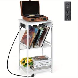 Oumilen - Vinyl Record Player Stand with Charging Station & Storage Shelves - White