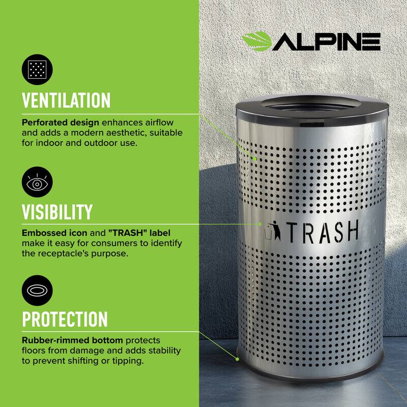 ALPINE
VENTILATION
Perforated design enhances airflow and adds a modern aesthetic, suitable for indoor and outdoor use.
VISIBILITY
Embossed icon and "TRASH" label make it easy for consumers to identify the receptacle's purpose.
PROTECTION
Rubber-rimmed bottom protects floors from damage and adds stability to prevent shifting or tipping.