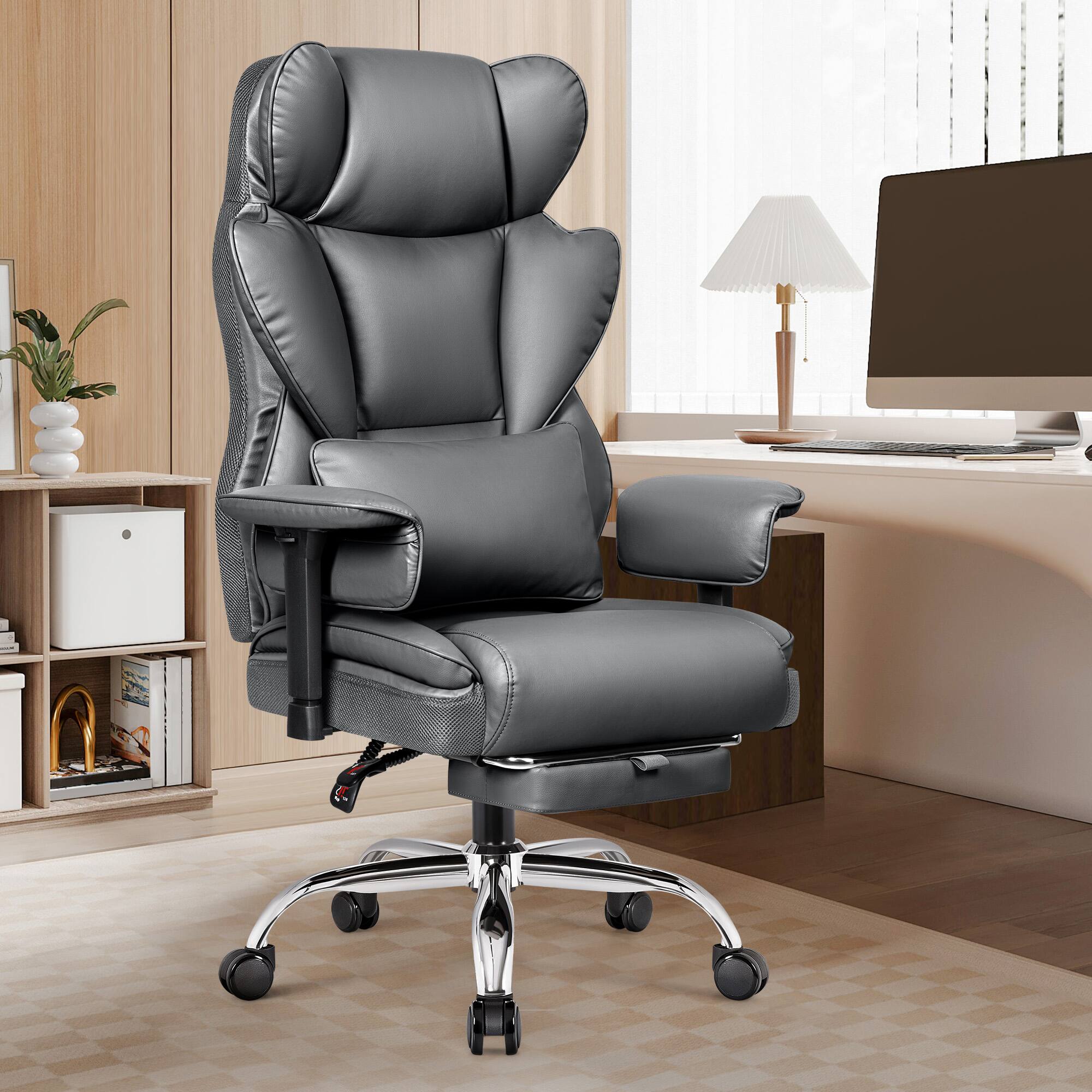 KERDOM - Ergonomic Reclining Office Desk Chair, Beautiful PU Leather High Back Computer Chair, Adjustable Armrest & Height - Gray - Thumbnail 2