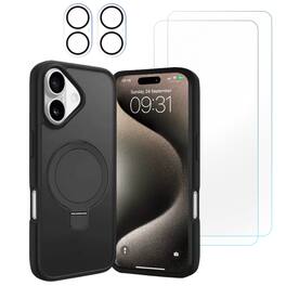 Entronix - 5-in-1 Bundle for iPhone 17 - Magnetic Matte Gripstand Case with Screen & Lens Protectors - Black