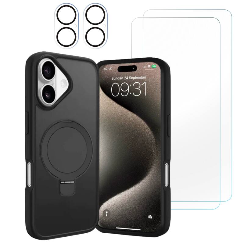 Entronix - 5-in-1 Bundle for iPhone 17 - Magnetic Matte Gripstand Case with Screen & Lens Protectors - Black