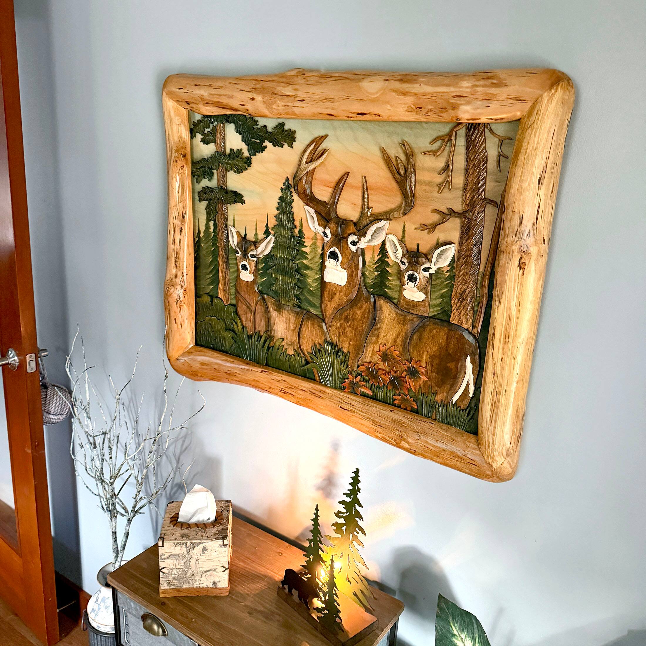 Alt View 4. Zeckos - Deer in Woods Intarsia Wood Wall Sculpture 36x28 Rustic Cabin Lodge Decor - Brown.