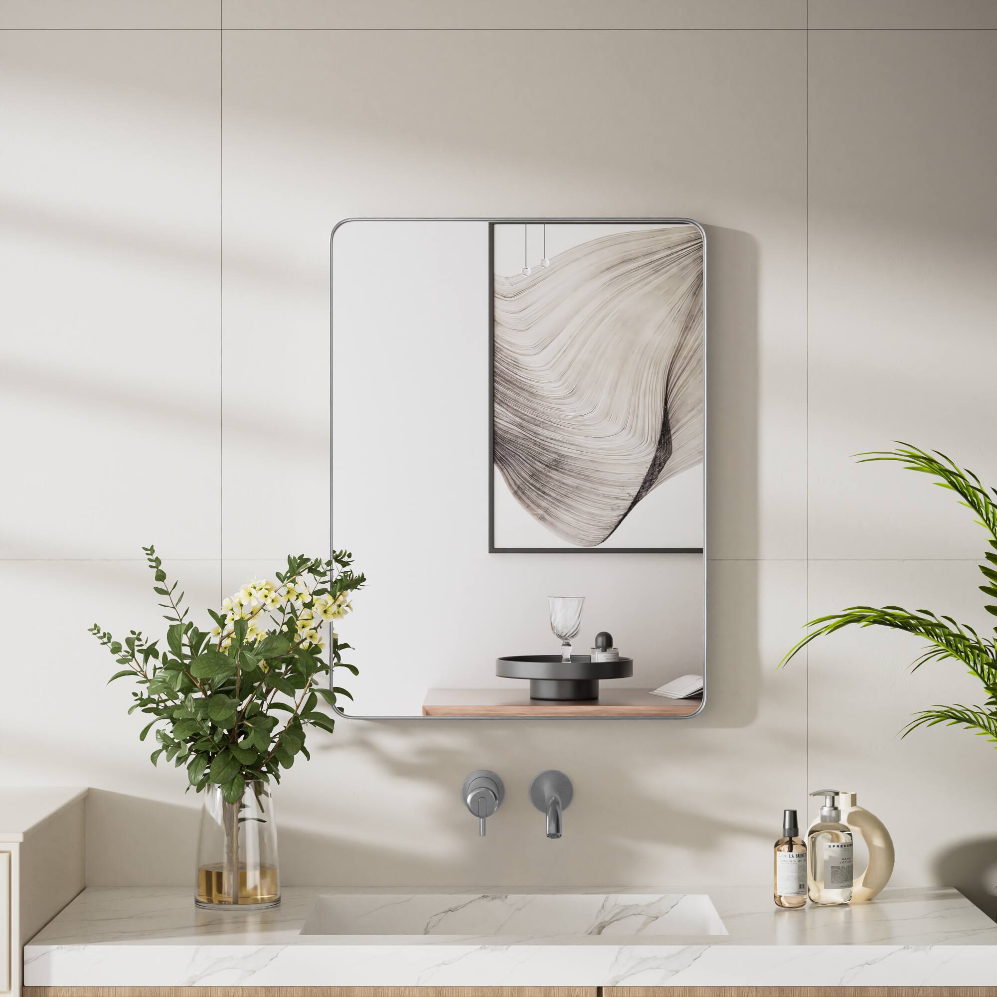 Angle. PAIHOME - Silver Metal Framed Bathroom Mirror for Wall, Vanity Mirror for Modern Decorative - 16" x 24".